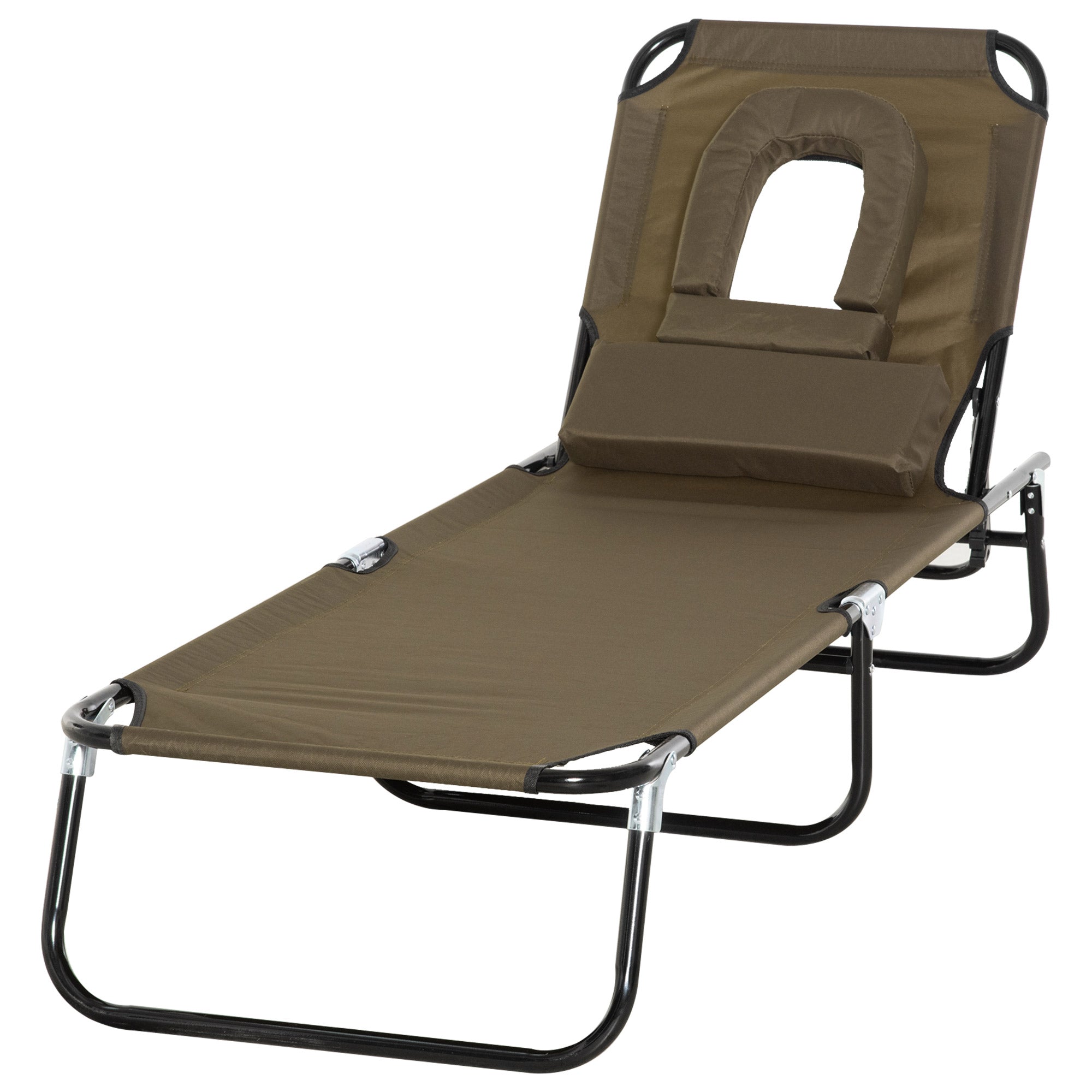 Folding Sun Lounger with Headrest, Reading Hole, 4-Position Reclining Sun Lounger in Oxford 600D, Outdoor Garden Lounger Camping Pool Terrace, 190x56x28cm, Brown