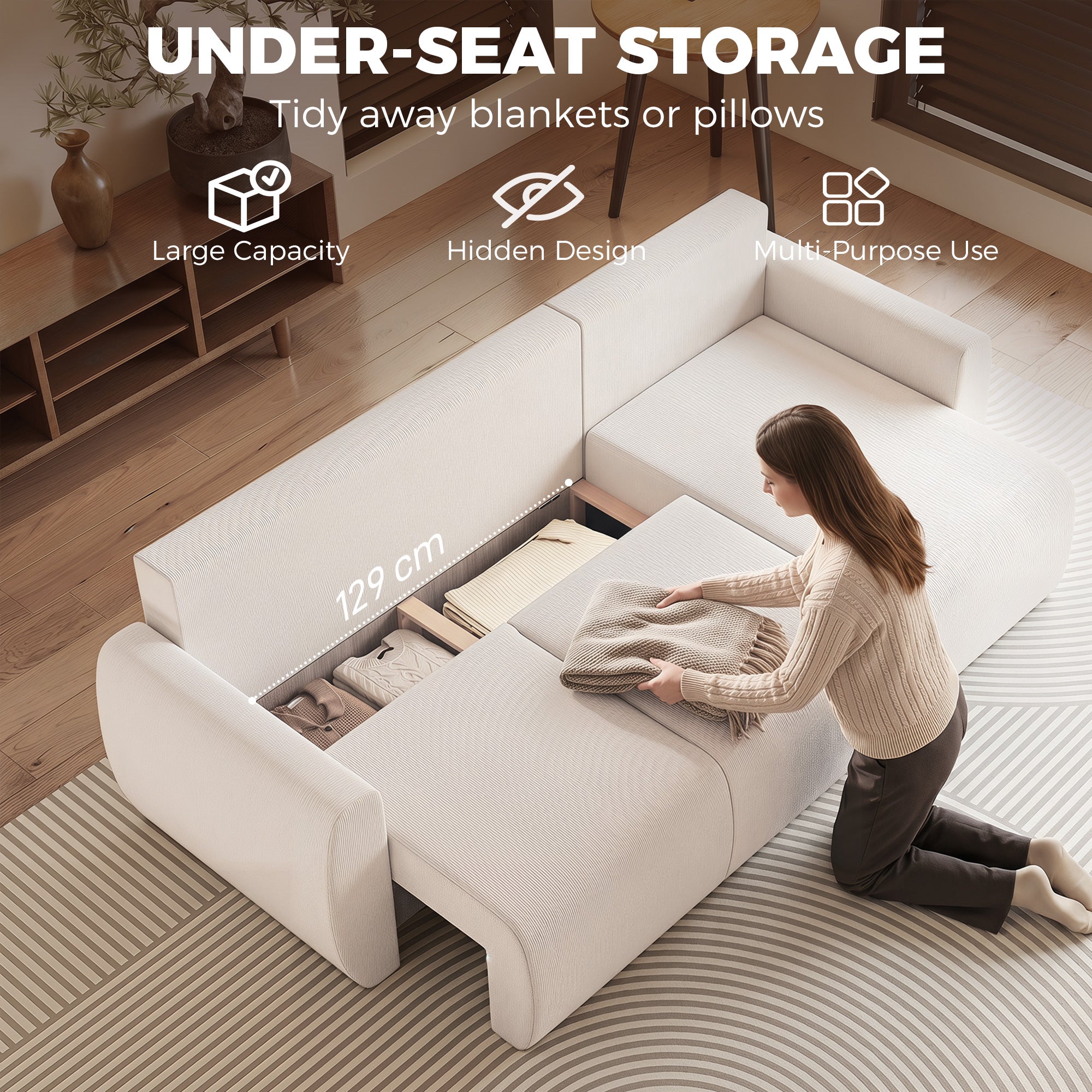 L-Shaped 3-Seater Sofa Bed with Reversible Chaise, Faux Suede, Storage, Cream