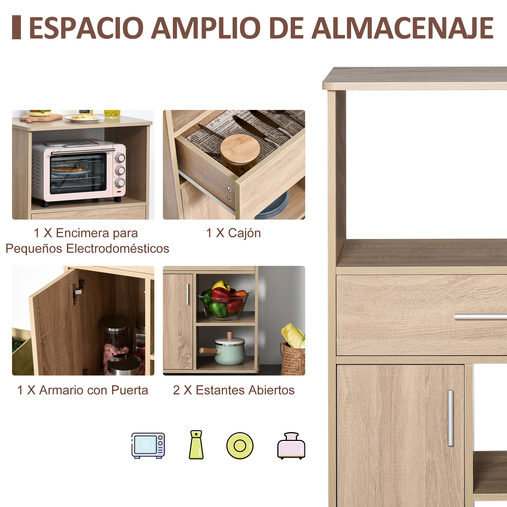 Kitchen Trolley for Microwave Storage Cabinet with 4 Wheels and Brakes Drawer Open Shelves Compartment with Door 60x40x108 cm Oak