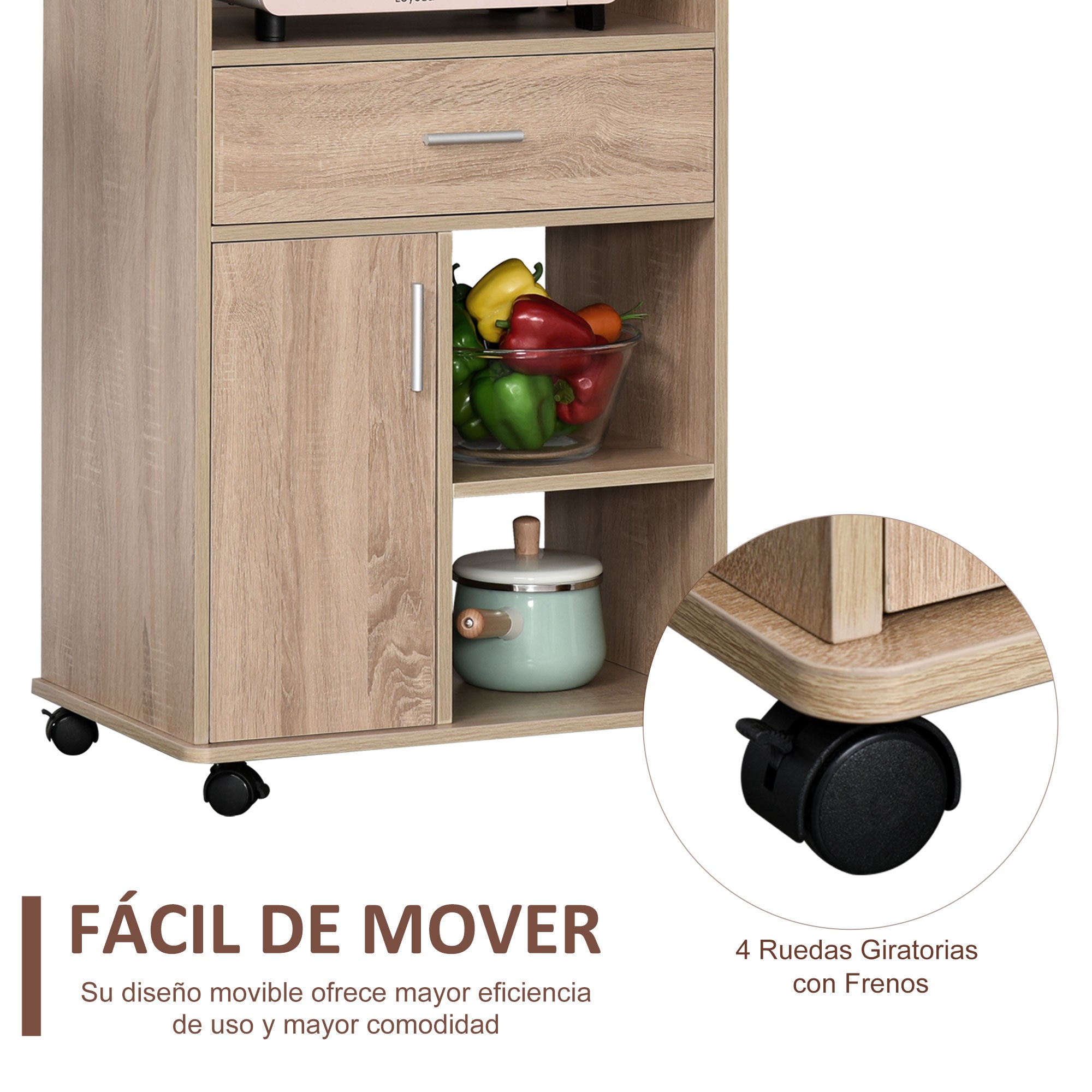 Kitchen Trolley for Microwave Storage Cabinet with 4 Wheels and Brakes Drawer Open Shelves Compartment with Door 60x40x108 cm Oak