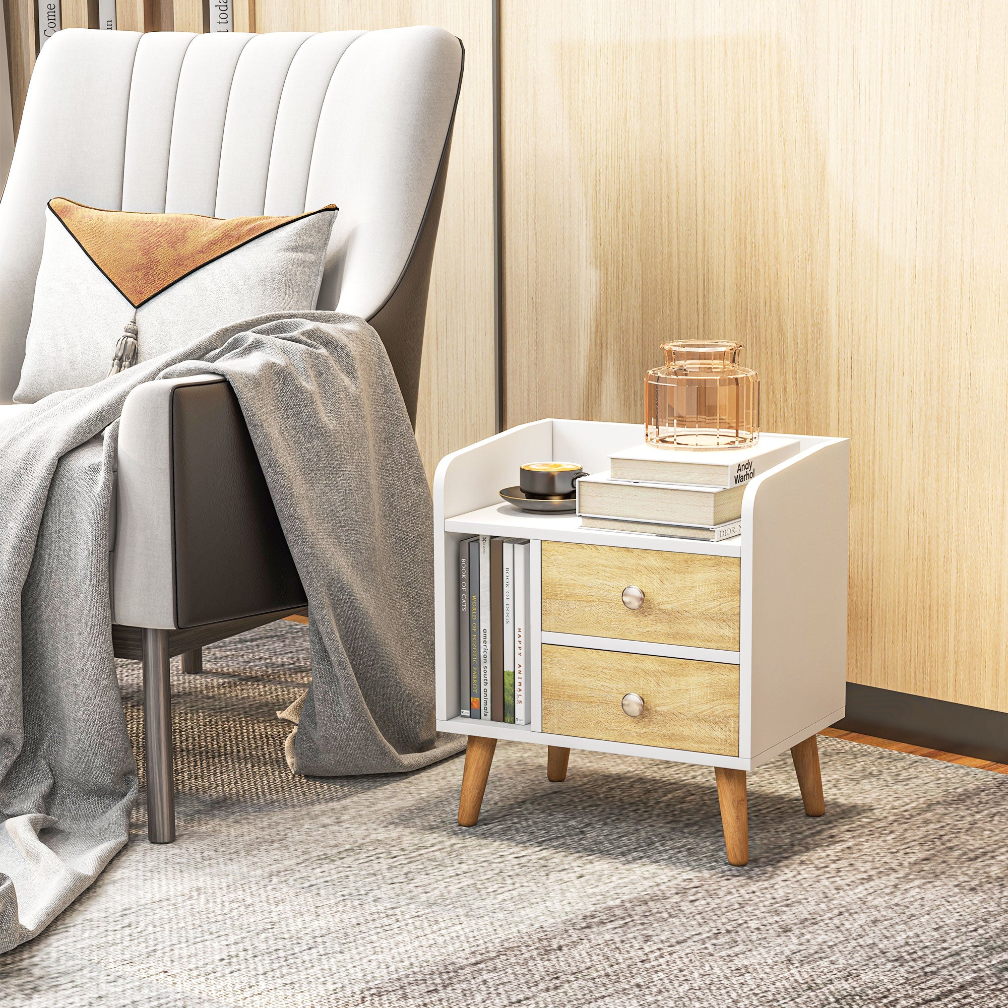 Bedside Table Nightstand with 2 Large Drawers and 1 Open Shelf and Raised Pine Legs Nordic Design for Living Room Bedroom 43x30x49 cm White