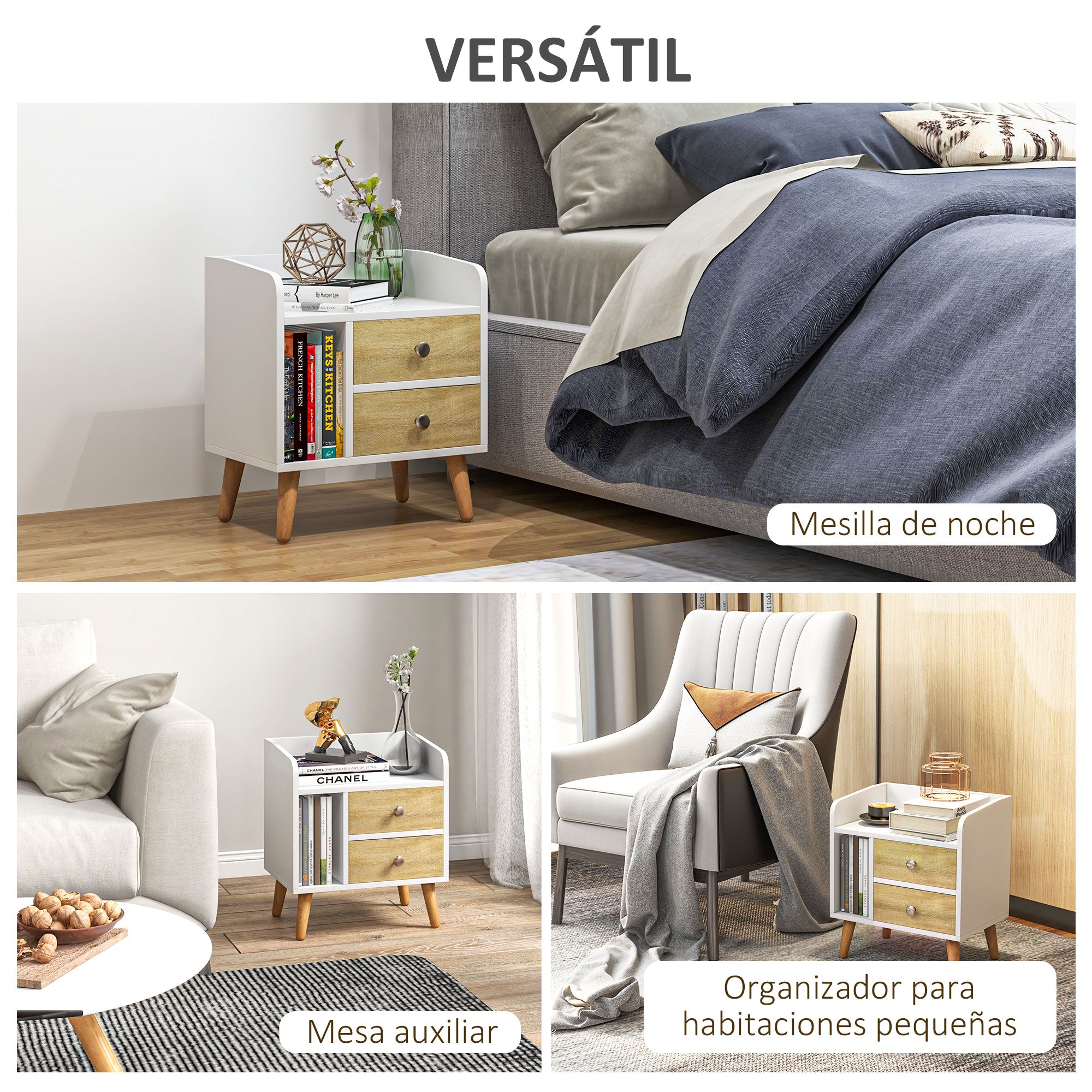 Bedside Table Nightstand with 2 Large Drawers and 1 Open Shelf and Raised Pine Legs Nordic Design for Living Room Bedroom 43x30x49 cm White