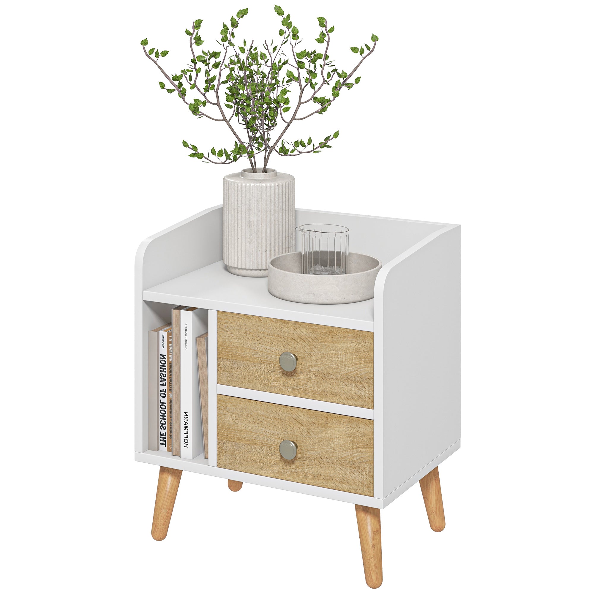 Bedside Table Nightstand with 2 Large Drawers and 1 Open Shelf and Raised Pine Legs Nordic Design for Living Room Bedroom 43x30x49 cm White