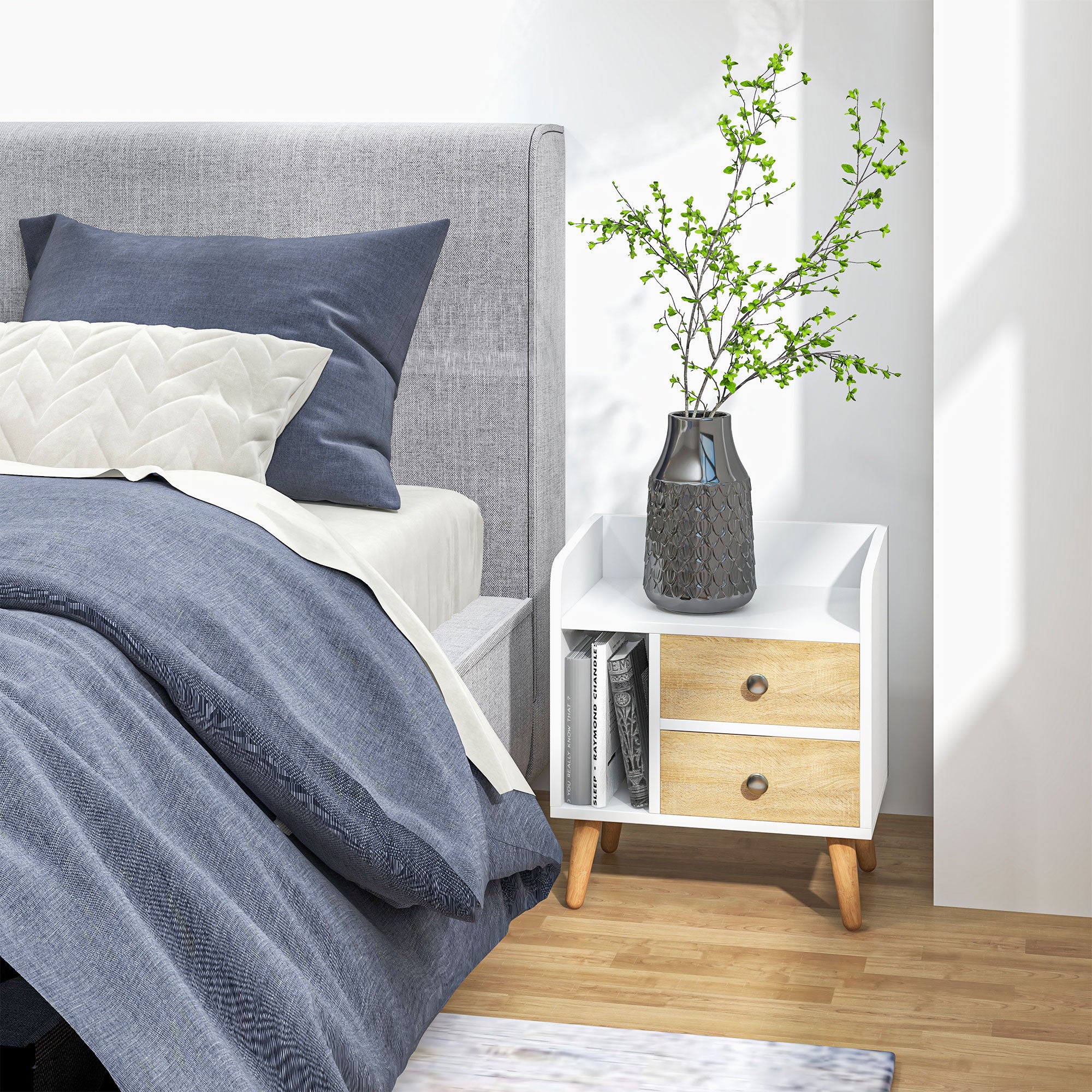 Bedside Table Nightstand with 2 Large Drawers and 1 Open Shelf and Raised Pine Legs Nordic Design for Living Room Bedroom 43x30x49 cm White