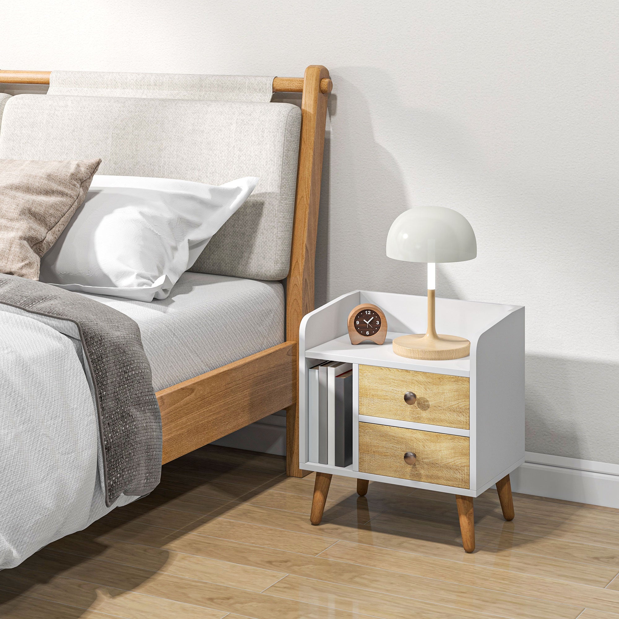 Bedside Table Nightstand with 2 Large Drawers and 1 Open Shelf and Raised Pine Legs Nordic Design for Living Room Bedroom 43x30x49 cm White