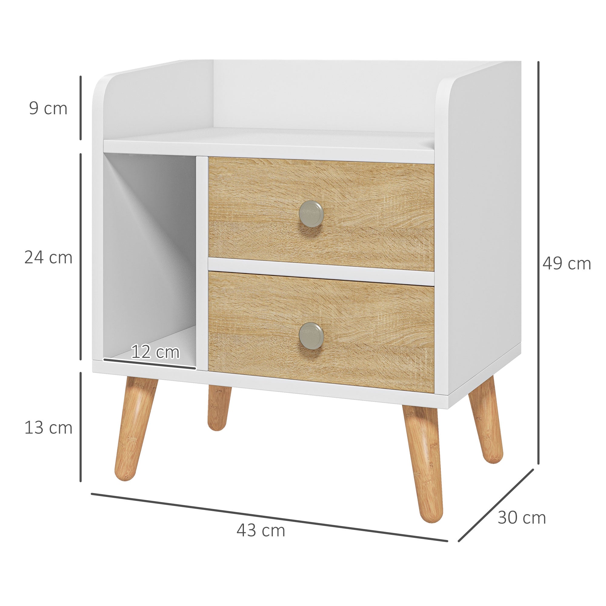 Bedside Table Nightstand with 2 Large Drawers and 1 Open Shelf and Raised Pine Legs Nordic Design for Living Room Bedroom 43x30x49 cm White