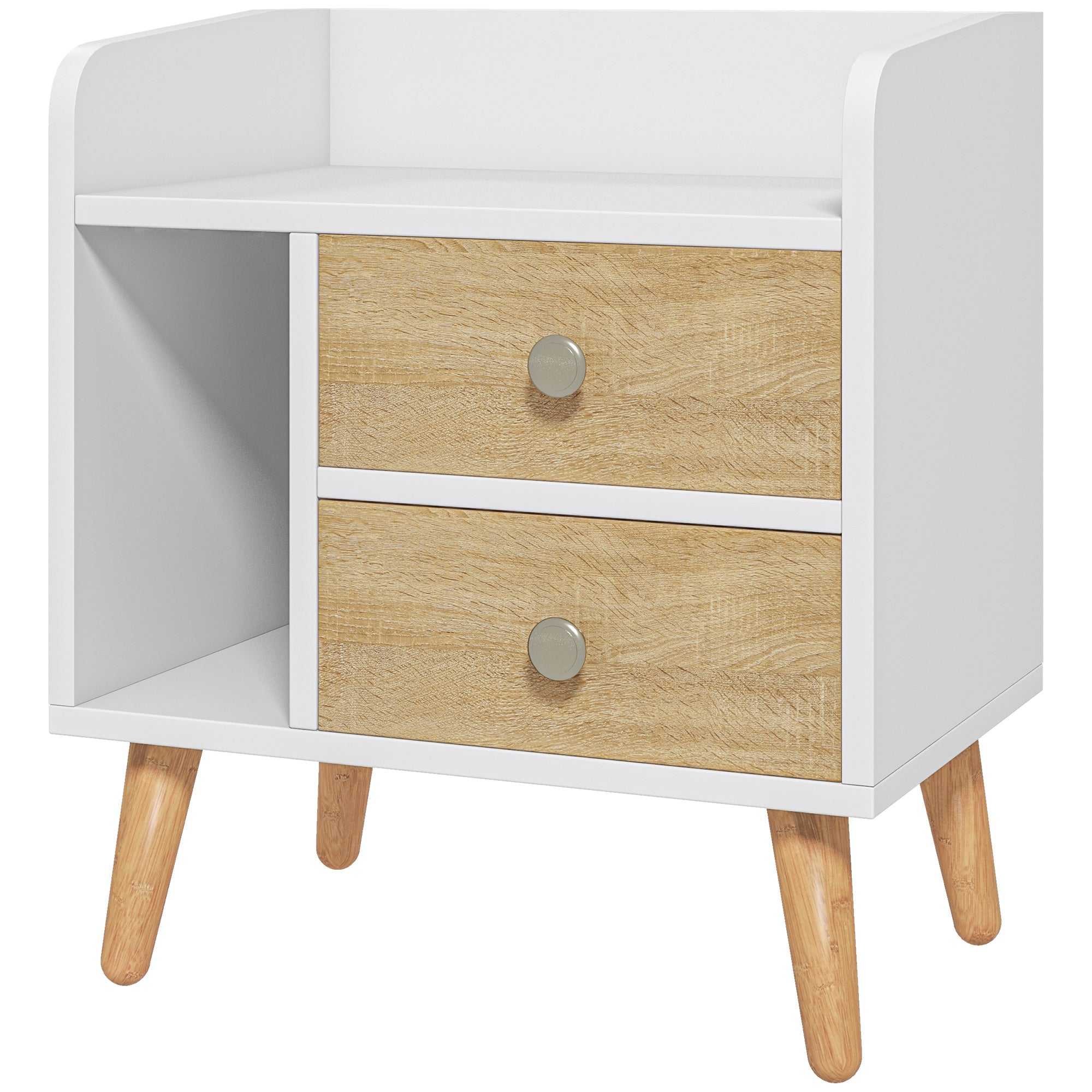 Bedside Table Nightstand with 2 Large Drawers and 1 Open Shelf and Raised Pine Legs Nordic Design for Living Room Bedroom 43x30x49 cm White