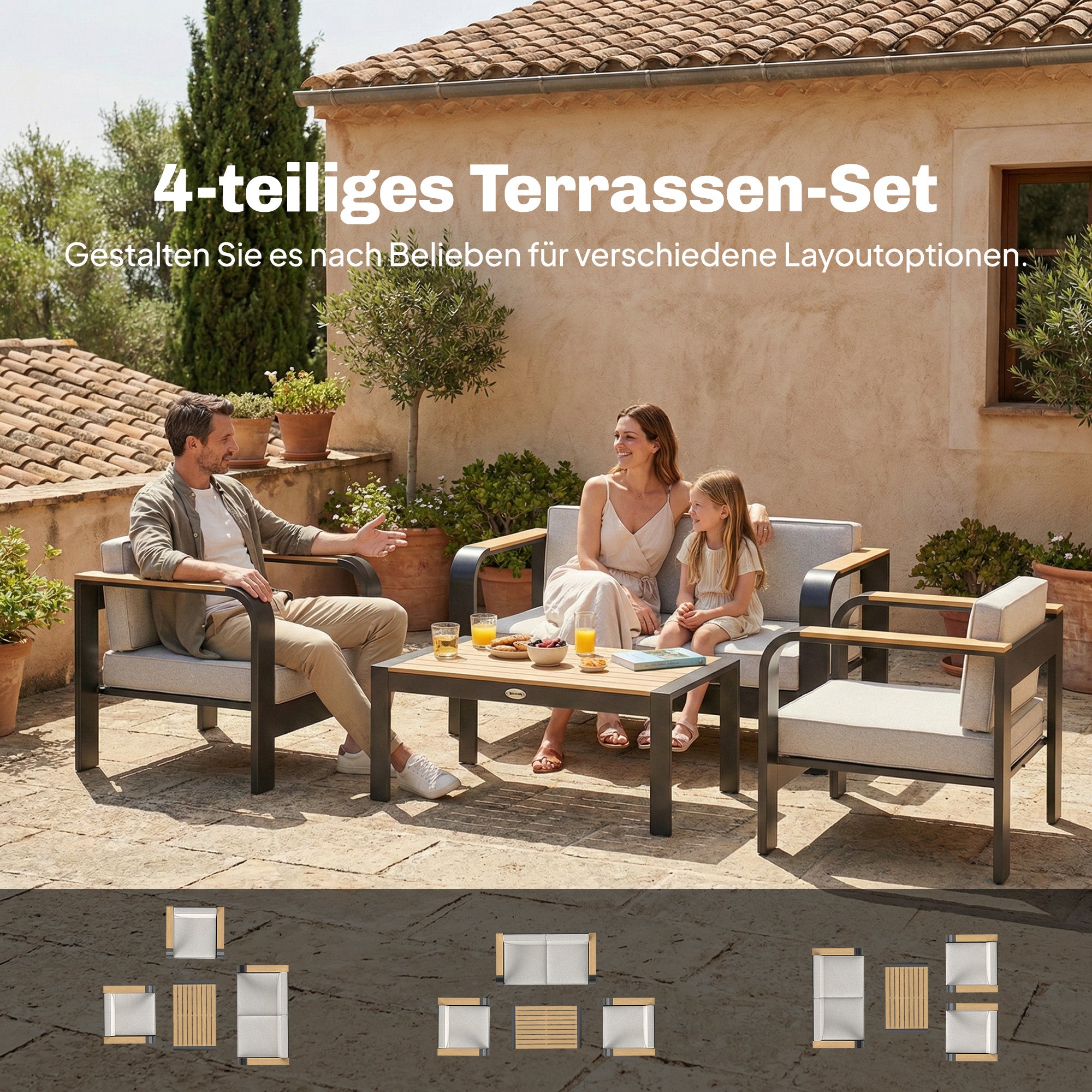 4-Piece Aluminum Garden Lounge Set for 4 — Water-Resistant, Extra-Deep Seating with 2-Seat Sofa, 2 Chairs & Coffee Table, Beige