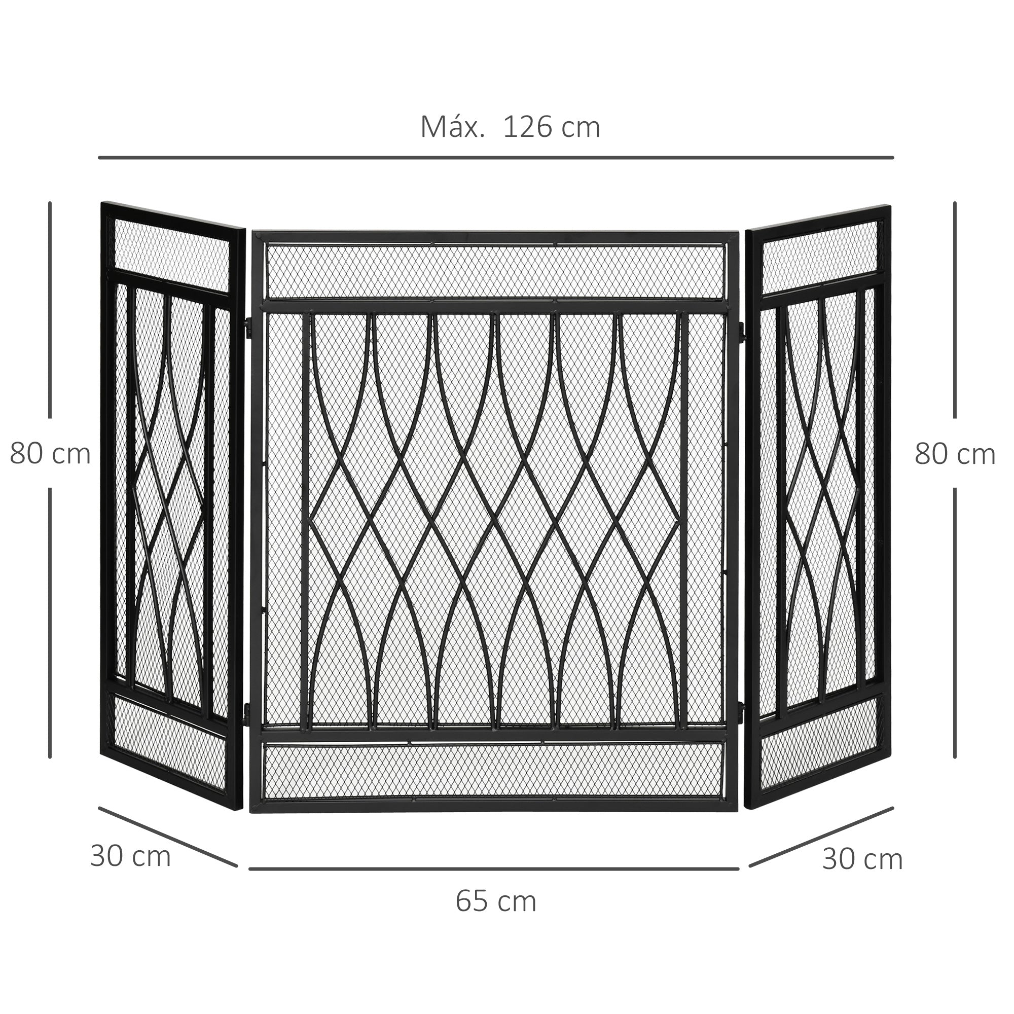 Folding Fireplace Screen Protective Fire Guard with 3-Panel Hinged Metal Structure 126x3x80 cm Black