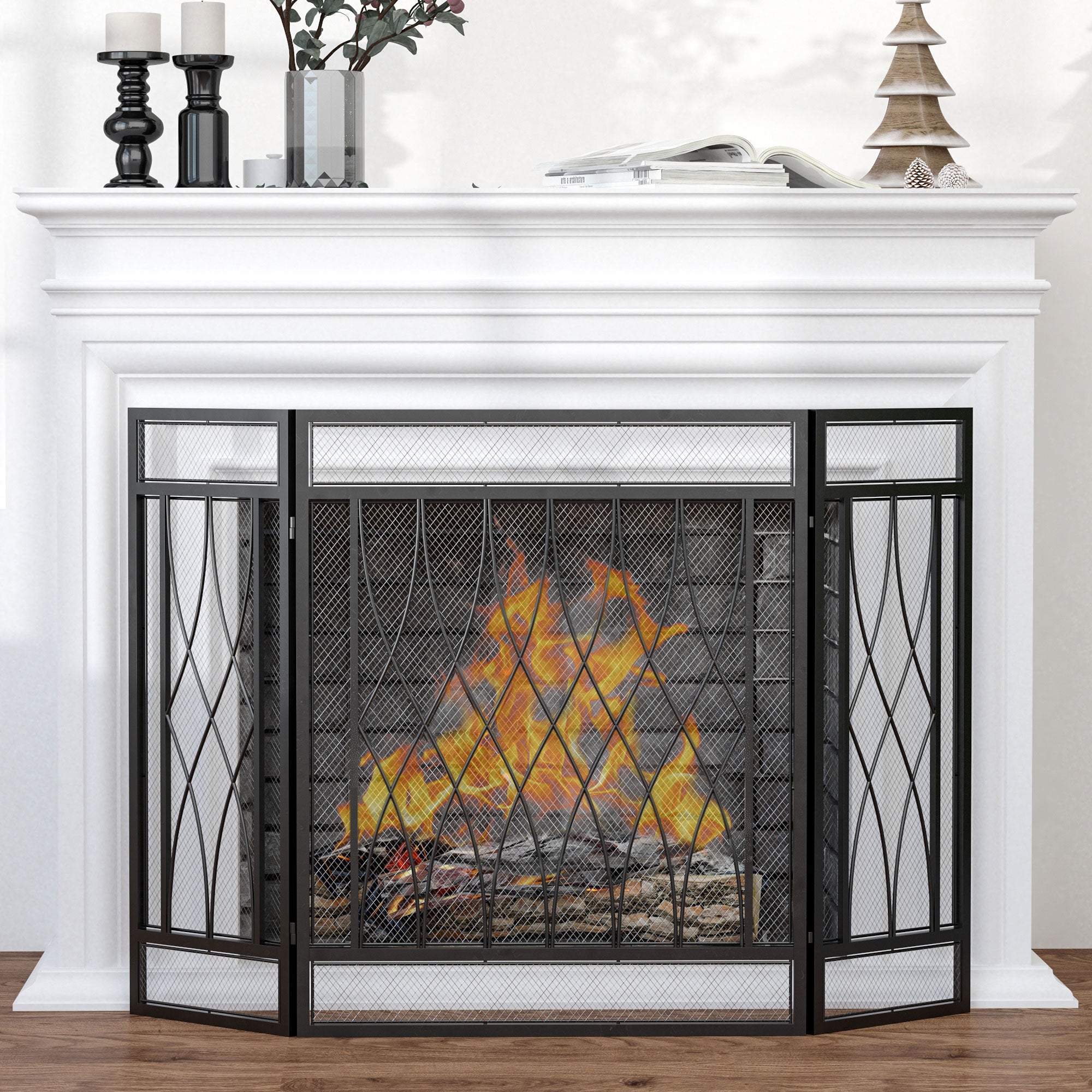 Folding Fireplace Screen Protective Fire Guard with 3-Panel Hinged Metal Structure 126x3x80 cm Black