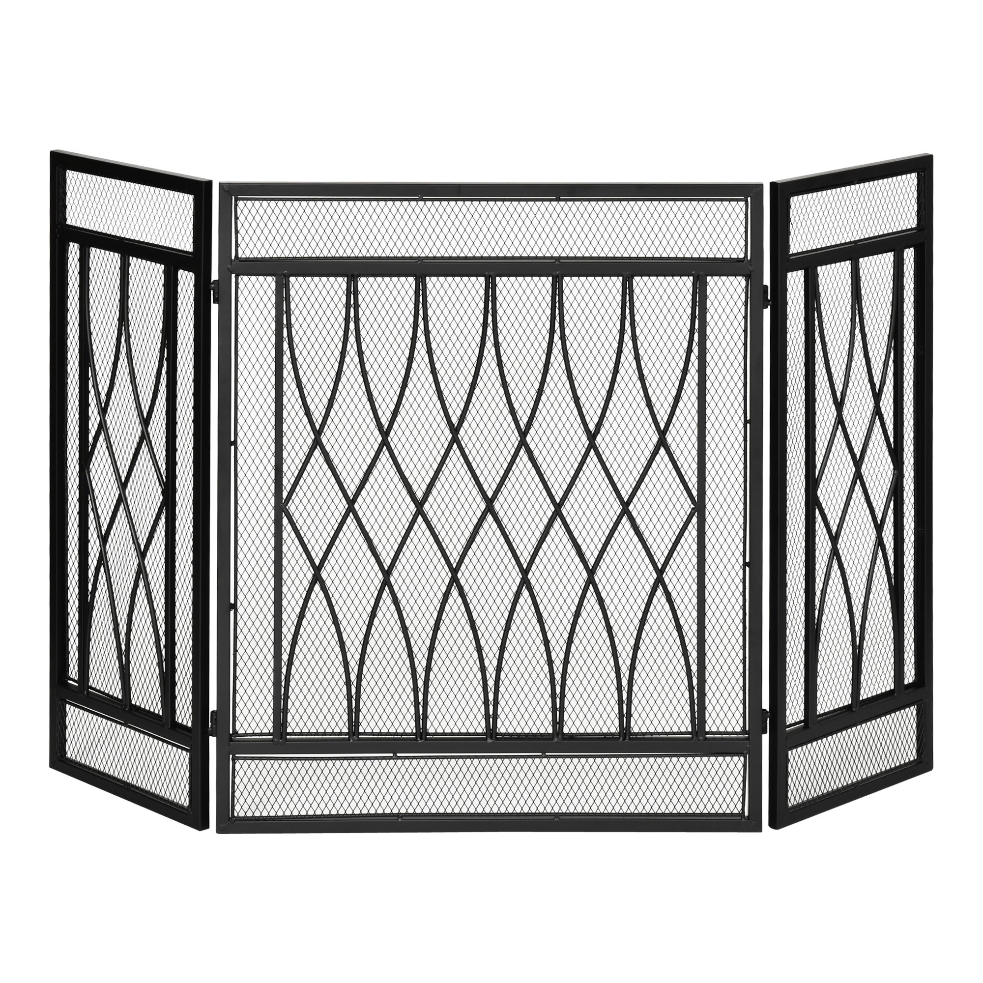 Folding Fireplace Screen Protective Fire Guard with 3-Panel Hinged Metal Structure 126x3x80 cm Black