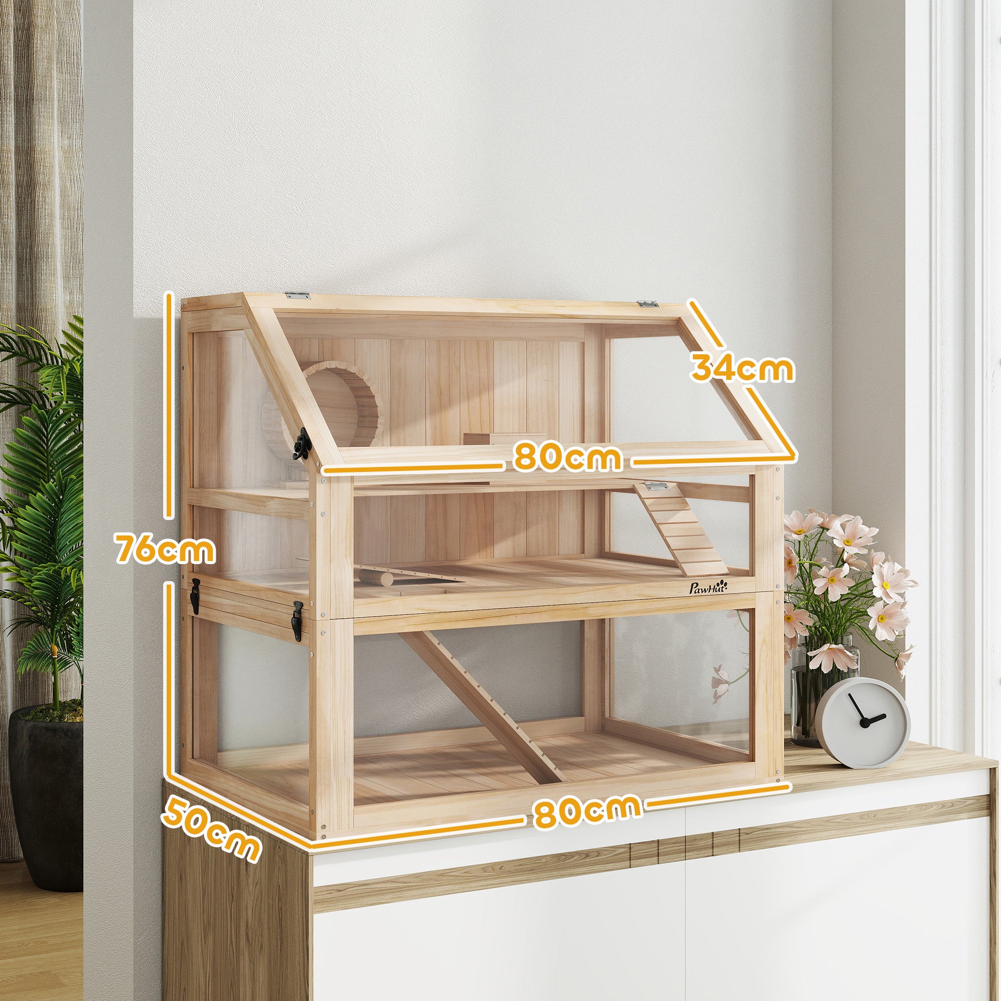 Wooden Hamster Cage 3 Levels Hamster Enclosure Small Pet Cage with Foldable Lid Exercise Wheel and Accessories, Small Animal Hutch Wood Cage for Hamsters Dwarf Hamsters 80 x 50 x 76 cm Natural Wood