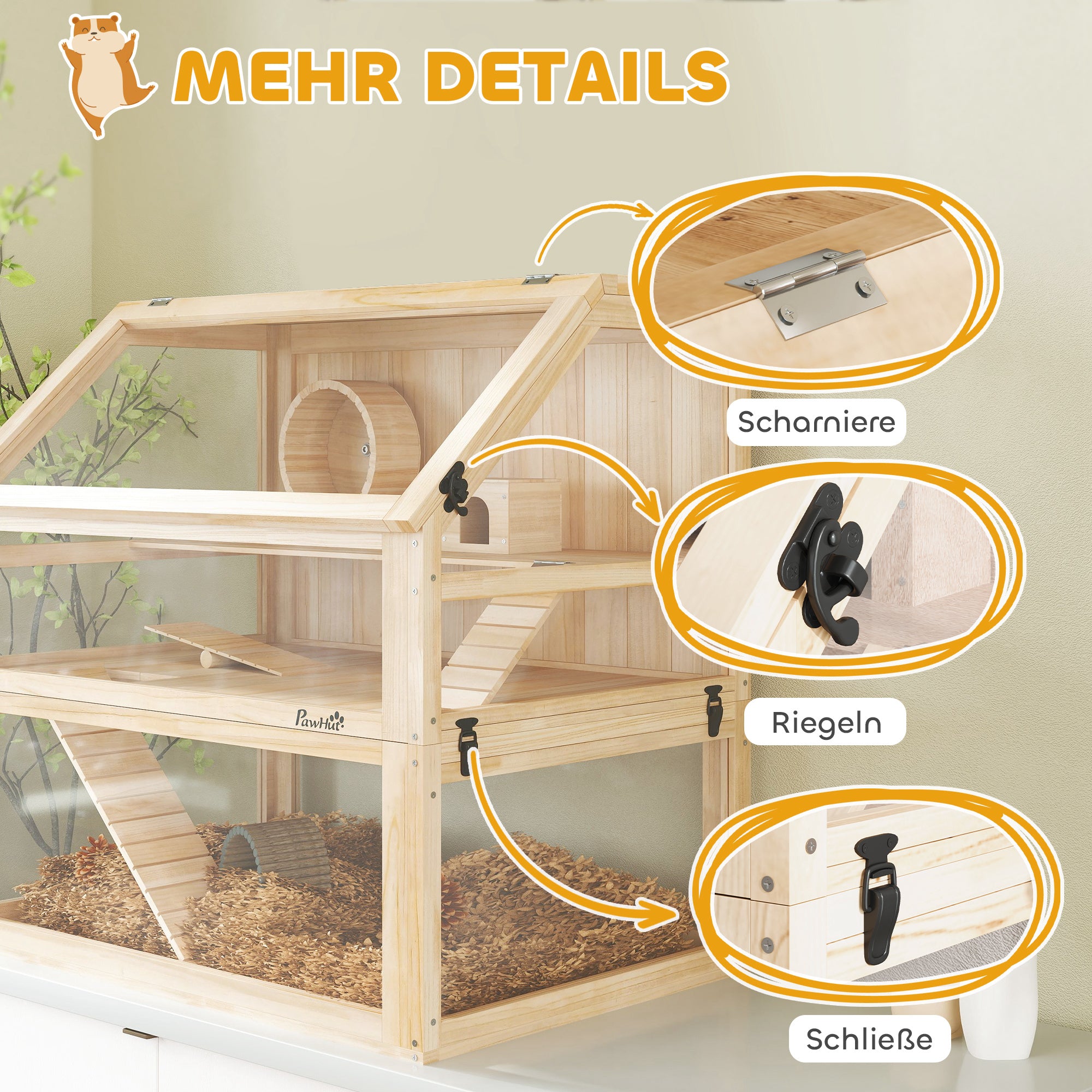 Wooden Hamster Cage 3 Levels Hamster Enclosure Small Pet Cage with Foldable Lid Exercise Wheel and Accessories, Small Animal Hutch Wood Cage for Hamsters Dwarf Hamsters 80 x 50 x 76 cm Natural Wood