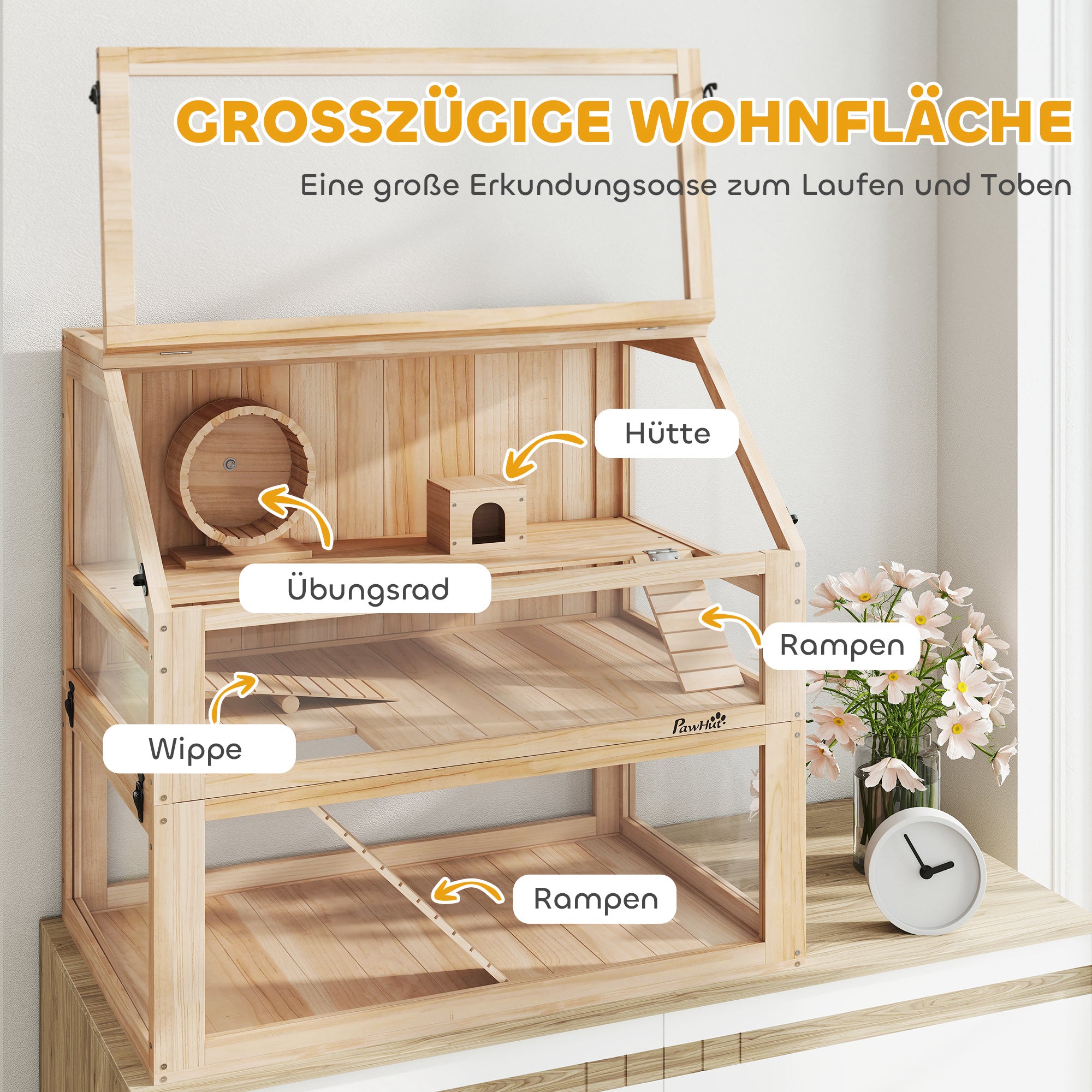Wooden Hamster Cage 3 Levels Hamster Enclosure Small Pet Cage with Foldable Lid Exercise Wheel and Accessories, Small Animal Hutch Wood Cage for Hamsters Dwarf Hamsters 80 x 50 x 76 cm Natural Wood