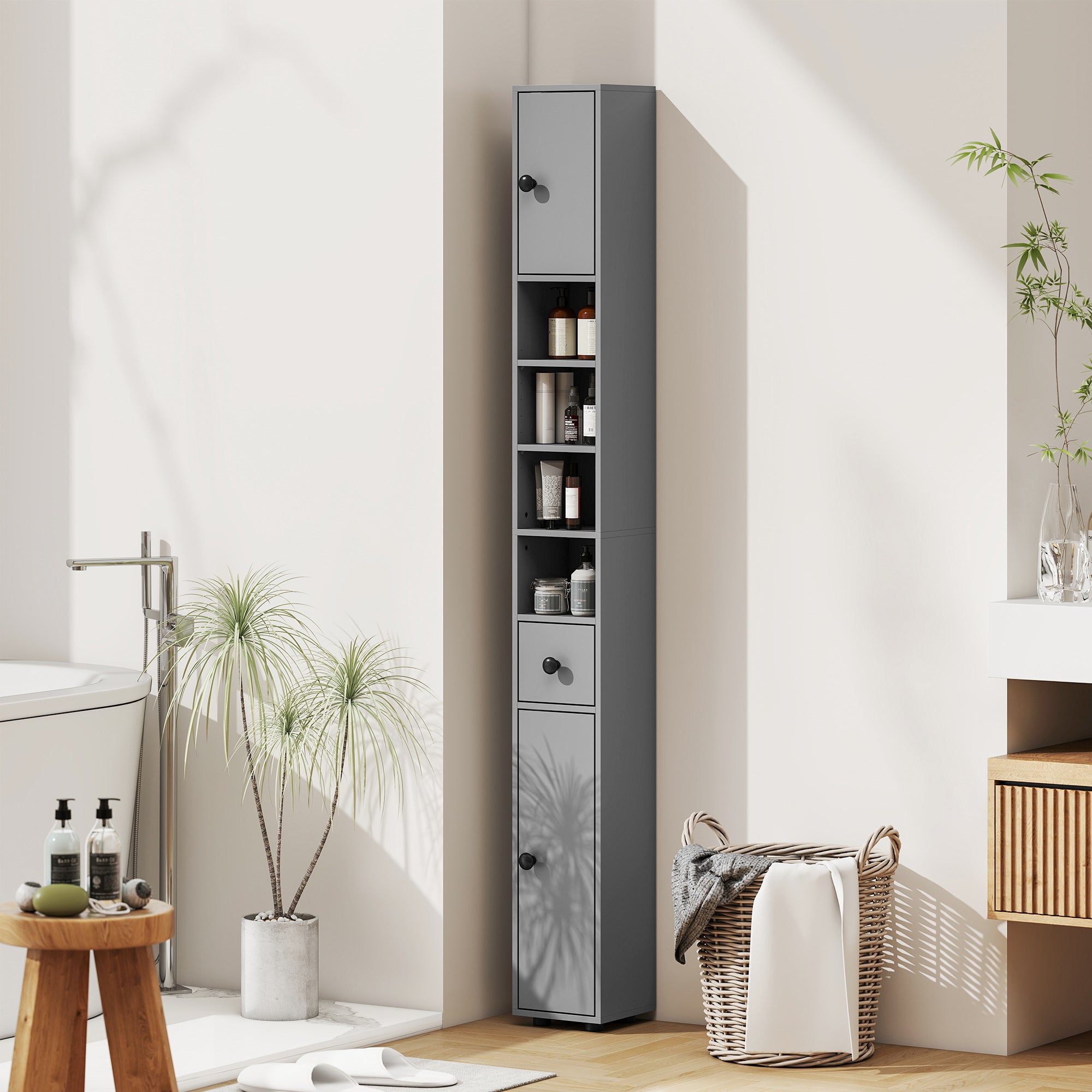 Slim Tall Bathroom Cabinet with Drawer & 4 Open Shelves, Gray (7.9 x 7.9 x 70.9 in)