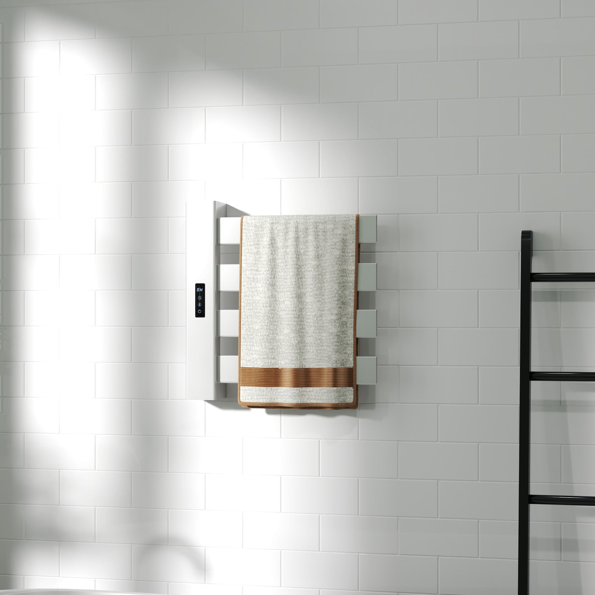 Wall-Mounted Electric Towel Warmer 130W Electric Towel Radiator Made of Aluminum Alloy with WIFI Control Touch Screen Timer 4 Bars Adjustable Temperature Low Consumption IPX4 White