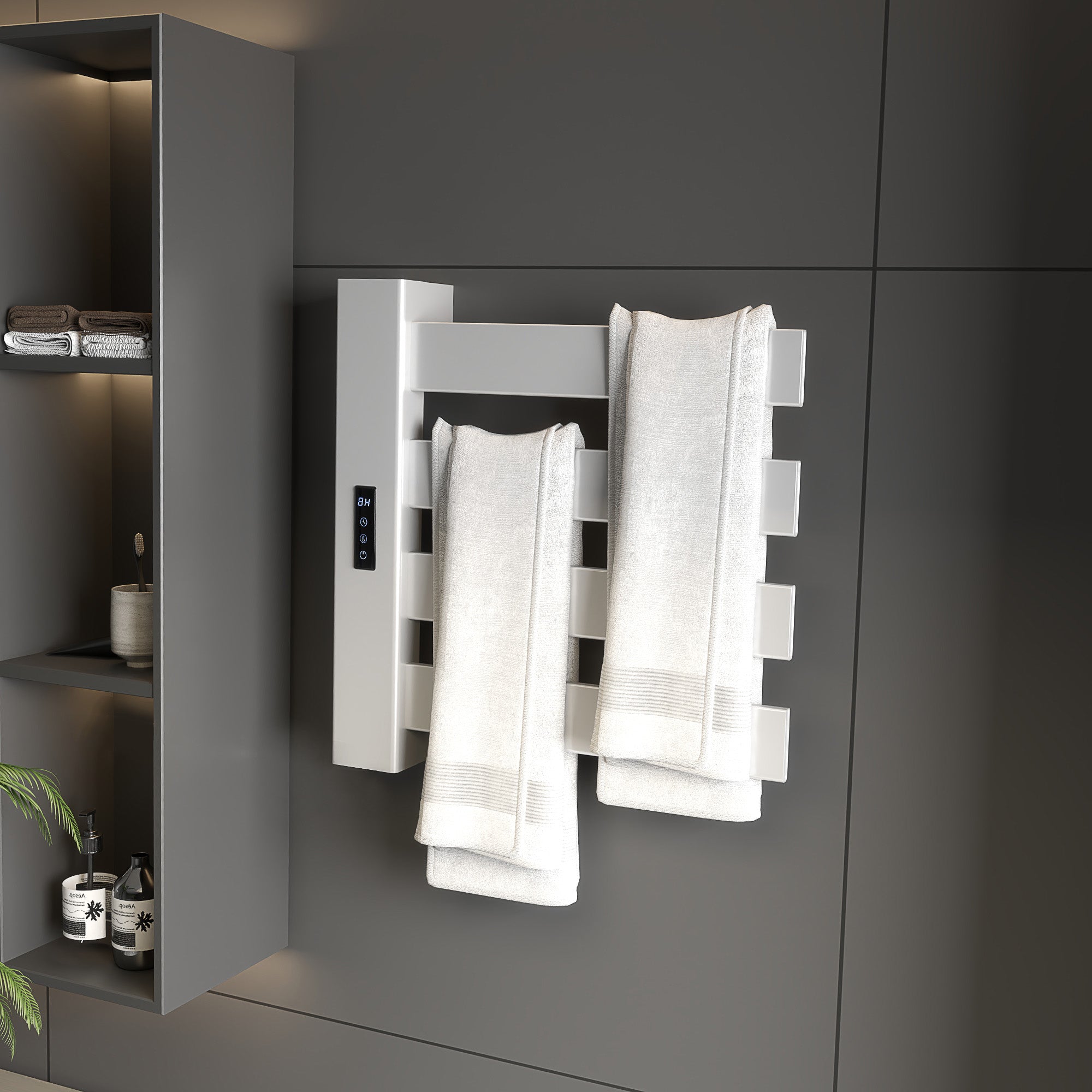 Wall-Mounted Electric Towel Warmer 130W Electric Towel Radiator Made of Aluminum Alloy with WIFI Control Touch Screen Timer 4 Bars Adjustable Temperature Low Consumption IPX4 White