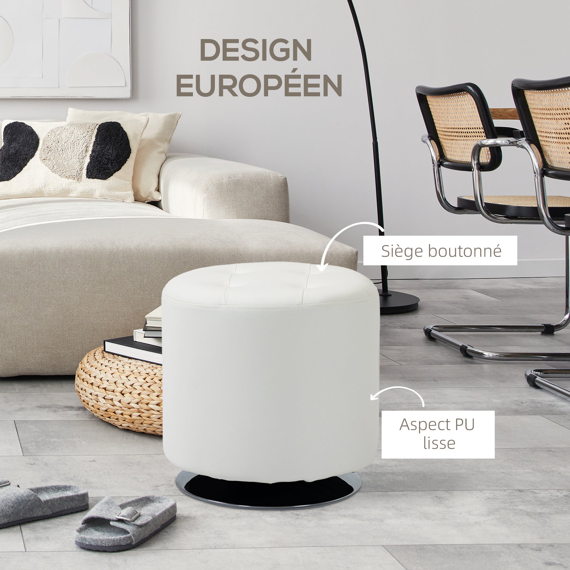 360° Swivel Round Ottoman — PU-Padded Seat with Chrome Steel Base, Ø 17.9 x H 17.5 in (45.5 x 44.5 cm), White