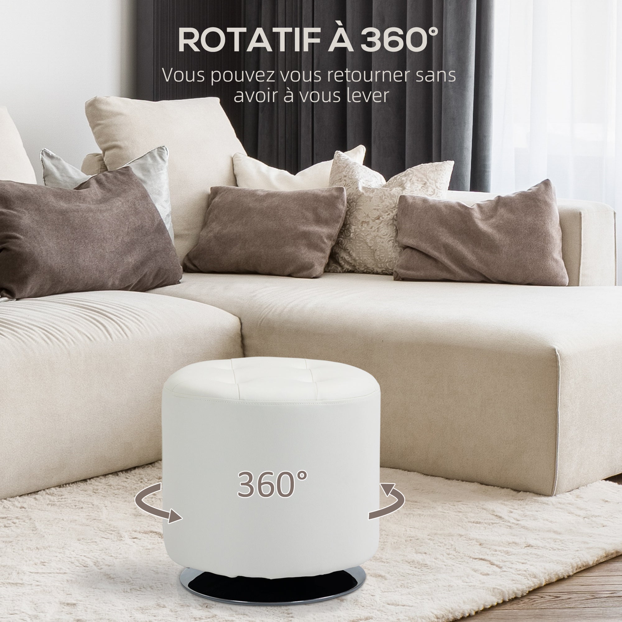 360° Swivel Round Ottoman — PU-Padded Seat with Chrome Steel Base, Ø 17.9 x H 17.5 in (45.5 x 44.5 cm), White