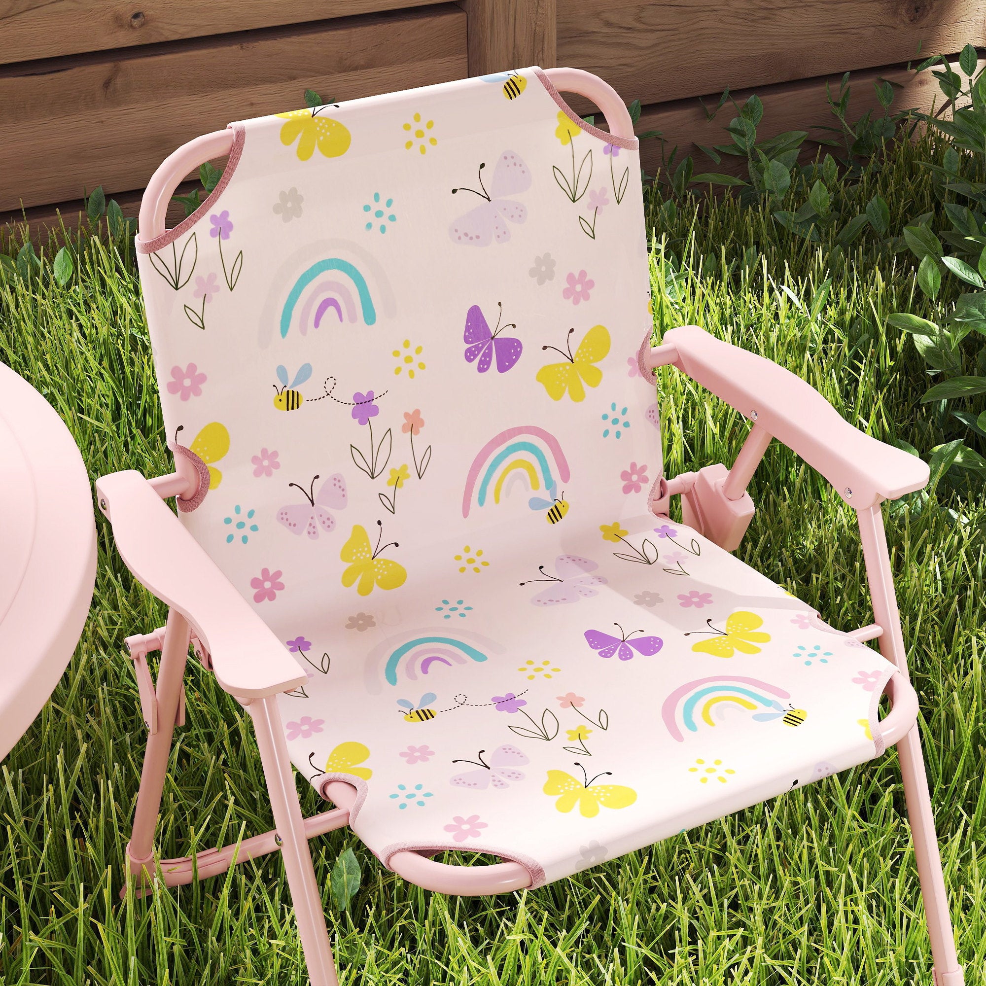Children's Garden 4-Piece Table and Chairs Set Children's Table with Folding Chairs Adjustable Rainbow Design Umbrella for Patio Picnic Pink
