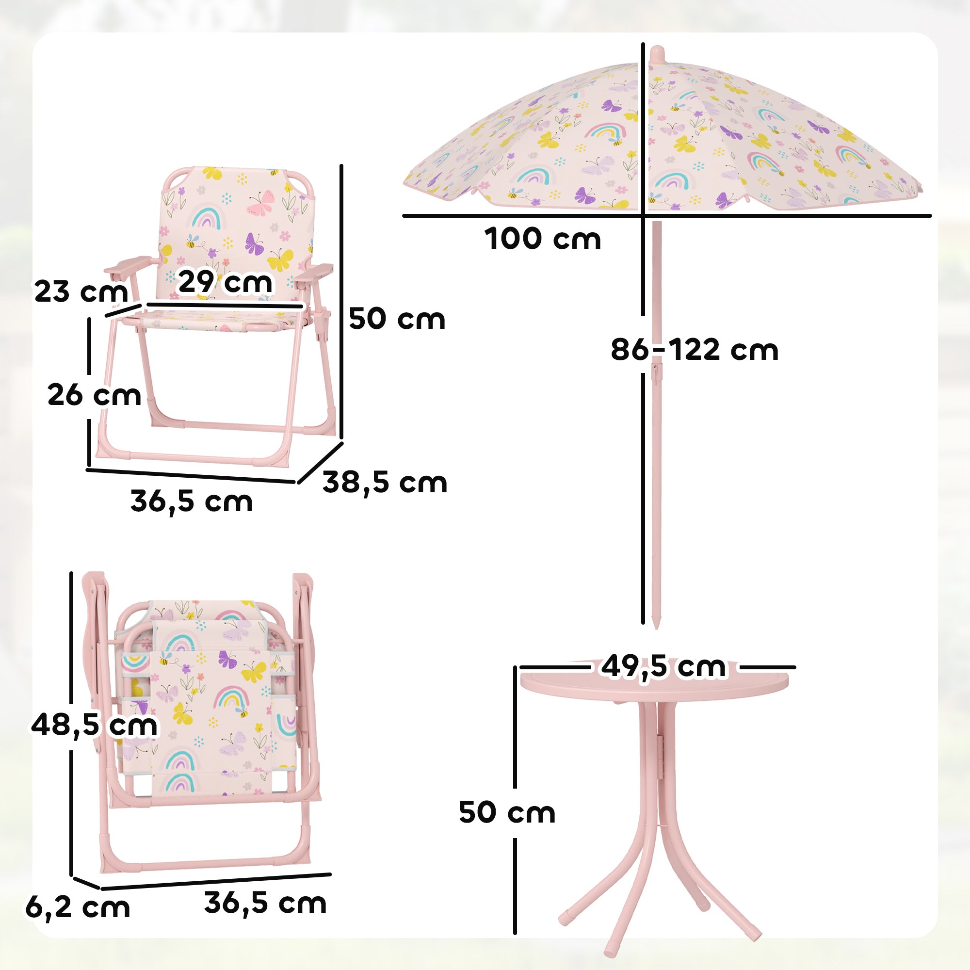 Children's Garden 4-Piece Table and Chairs Set Children's Table with Folding Chairs Adjustable Rainbow Design Umbrella for Patio Picnic Pink