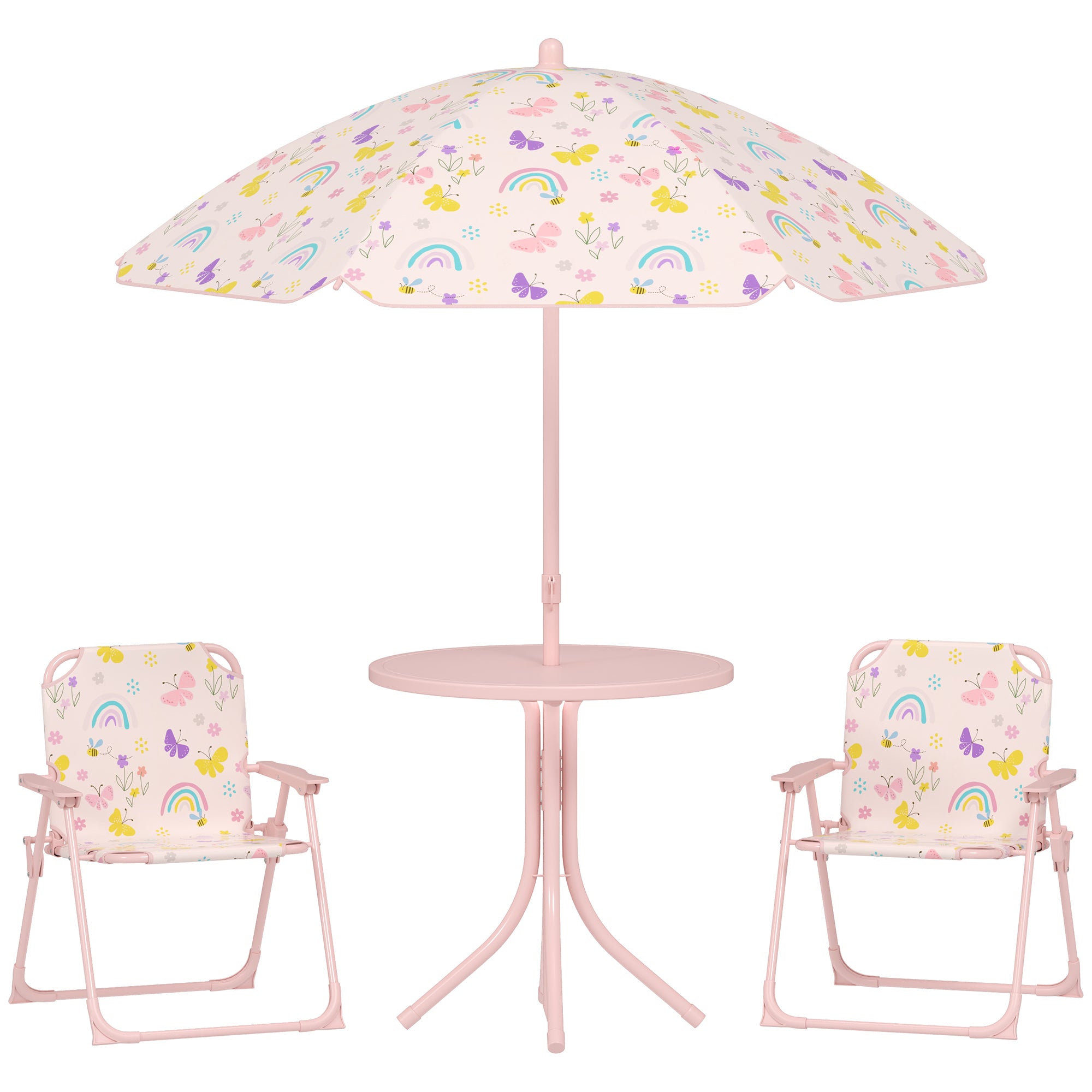 Children's Garden 4-Piece Table and Chairs Set Children's Table with Folding Chairs Adjustable Rainbow Design Umbrella for Patio Picnic Pink