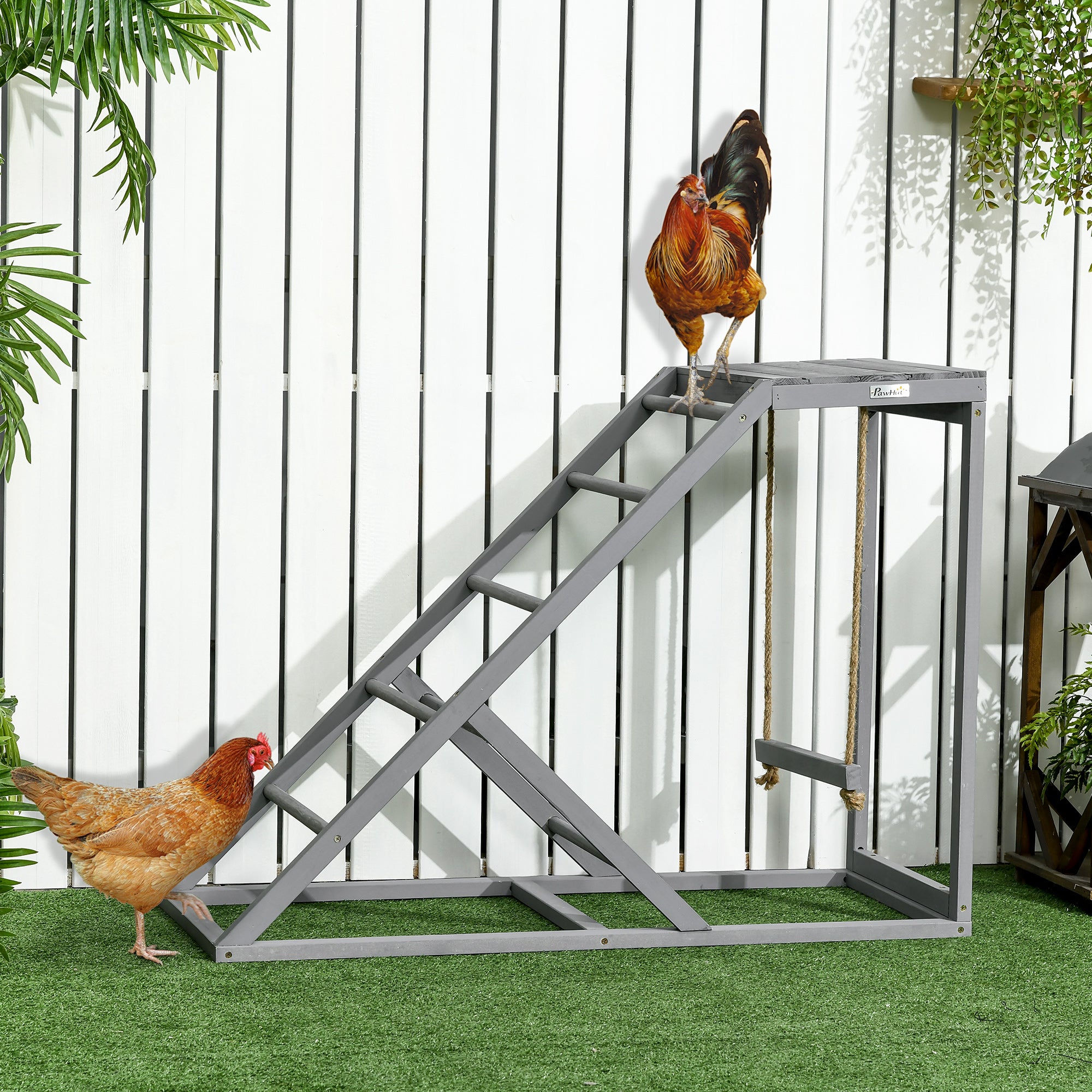 Wooden Chicken Perch & Playstand with Swing, Ladder & Platform — Natural-Style Chicken Roost, 37.8×15.7×27.9 in (96×40×71 cm), Gray