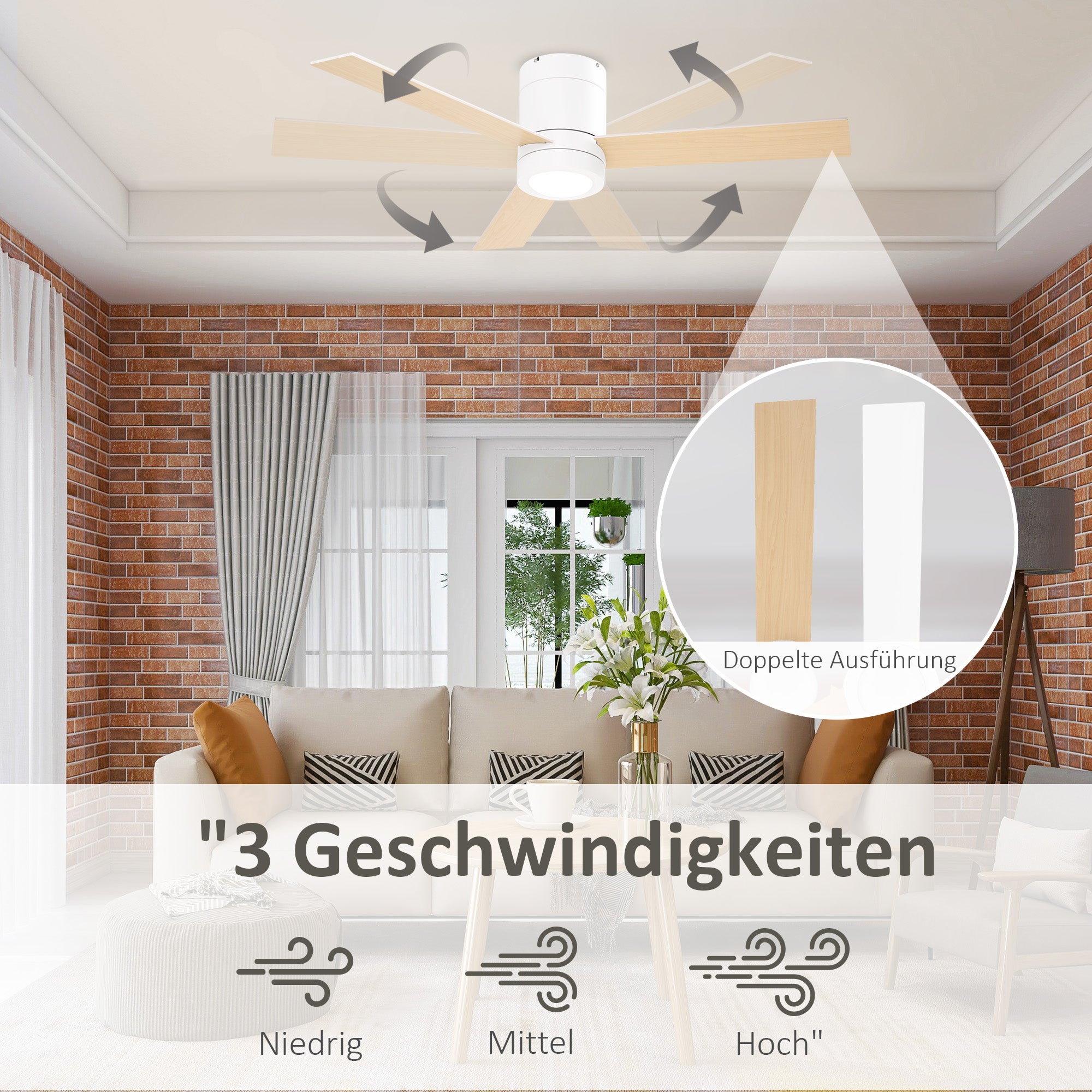 Ceiling Fan with Lighting, Remote Control, 48W Ceiling Light with Fan, 112 cm Quiet Dimmable Ceiling Lamp with Timer, 3 Speeds, for Living, Bedroom, and Dining Room, White