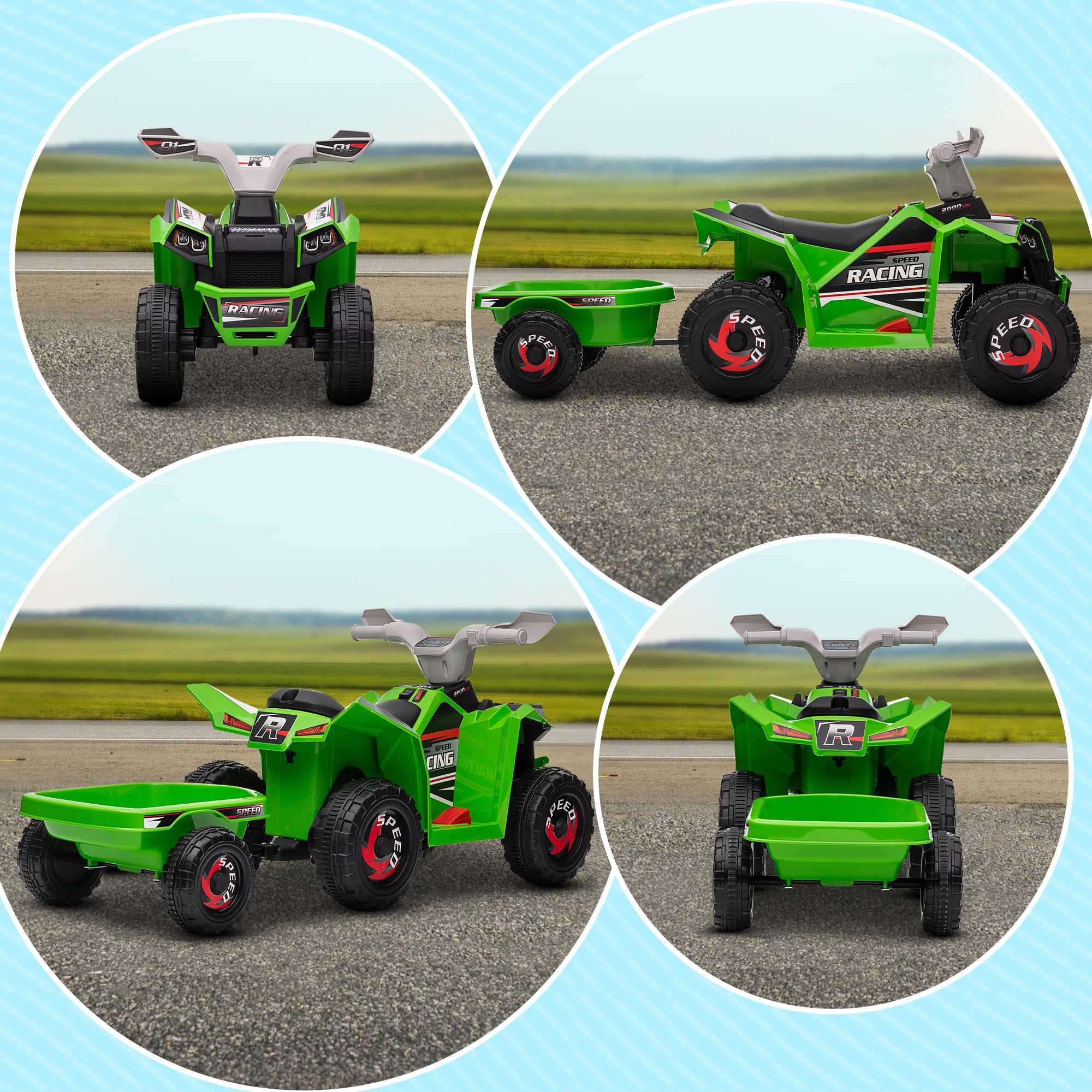 Kids Electric Quad 6V Kids Quad, Kids Vehicle, Electric Car with Trailer for Kids 1.5-3 Years, 2.5 km/h, Metal, 106 x 41.5 x 48.5 cm, Green
