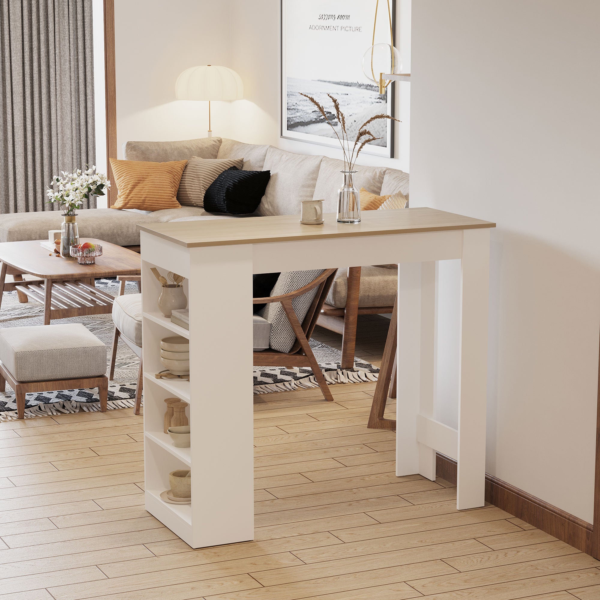 2-Person Bar Table, High Bistro Table with 4 Open Shelves for Small Spaces — Kitchen & Living Room, 45.3 x 19.7 x 40.4 in, Modern, White & Natural Wood