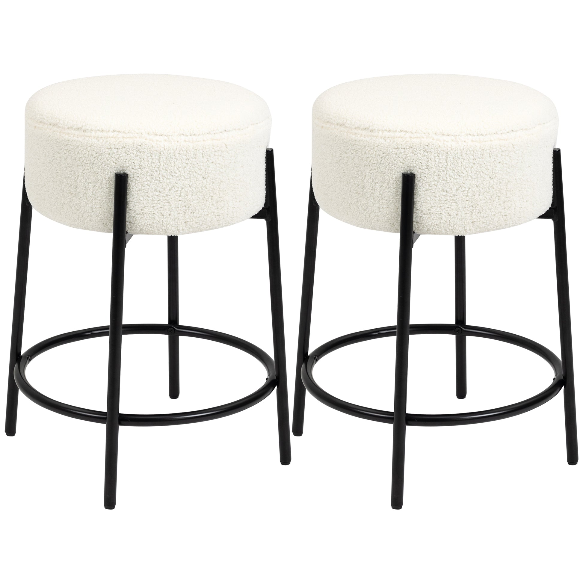 Set of 2 High Kitchen Stools Upholstered in Sheepskin Backless High Kitchen Chairs Load 120 kg for Bar Living Room Dining Room White