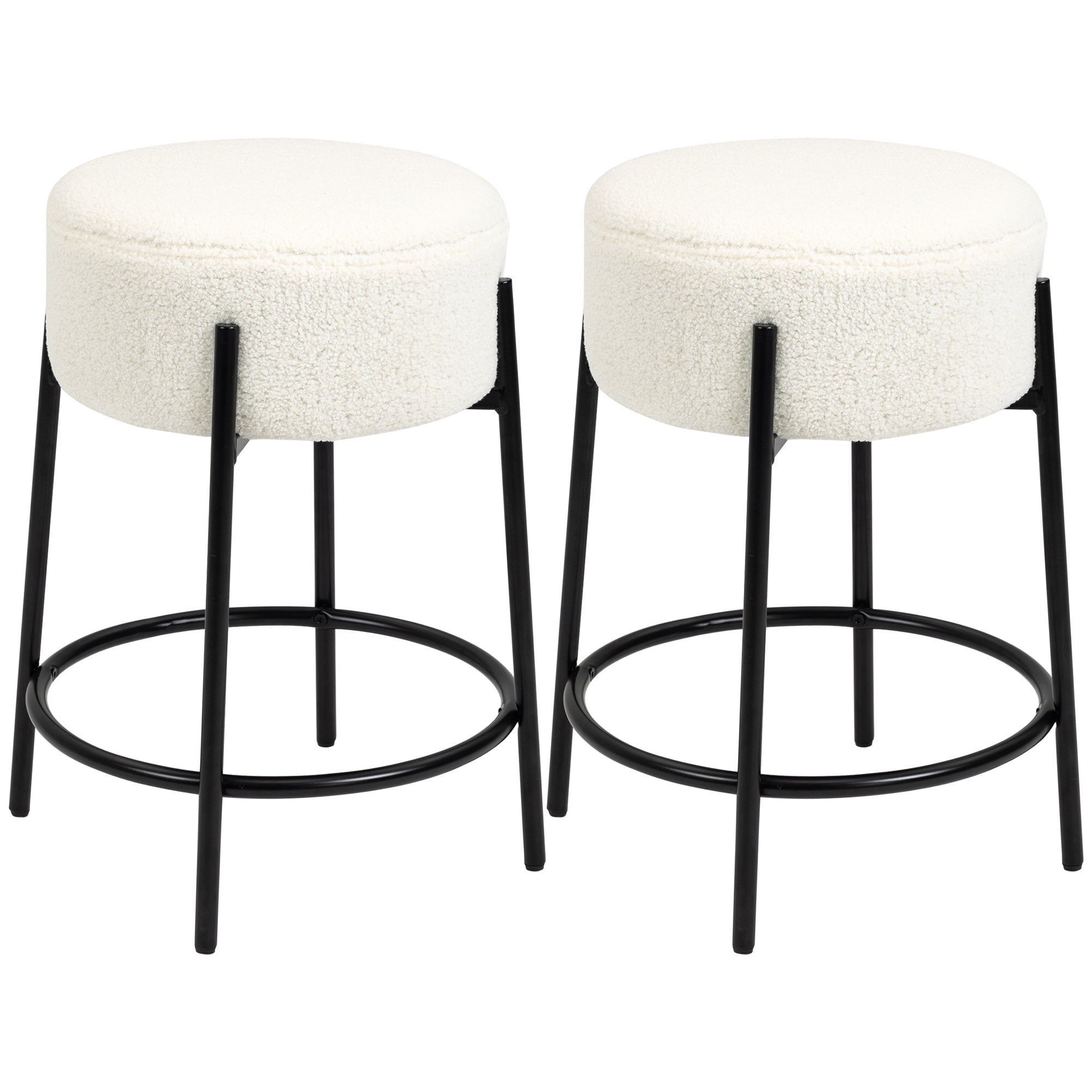 Set of 2 High Kitchen Stools Upholstered in Sheepskin Backless High Kitchen Chairs Load 120 kg for Bar Living Room Dining Room White