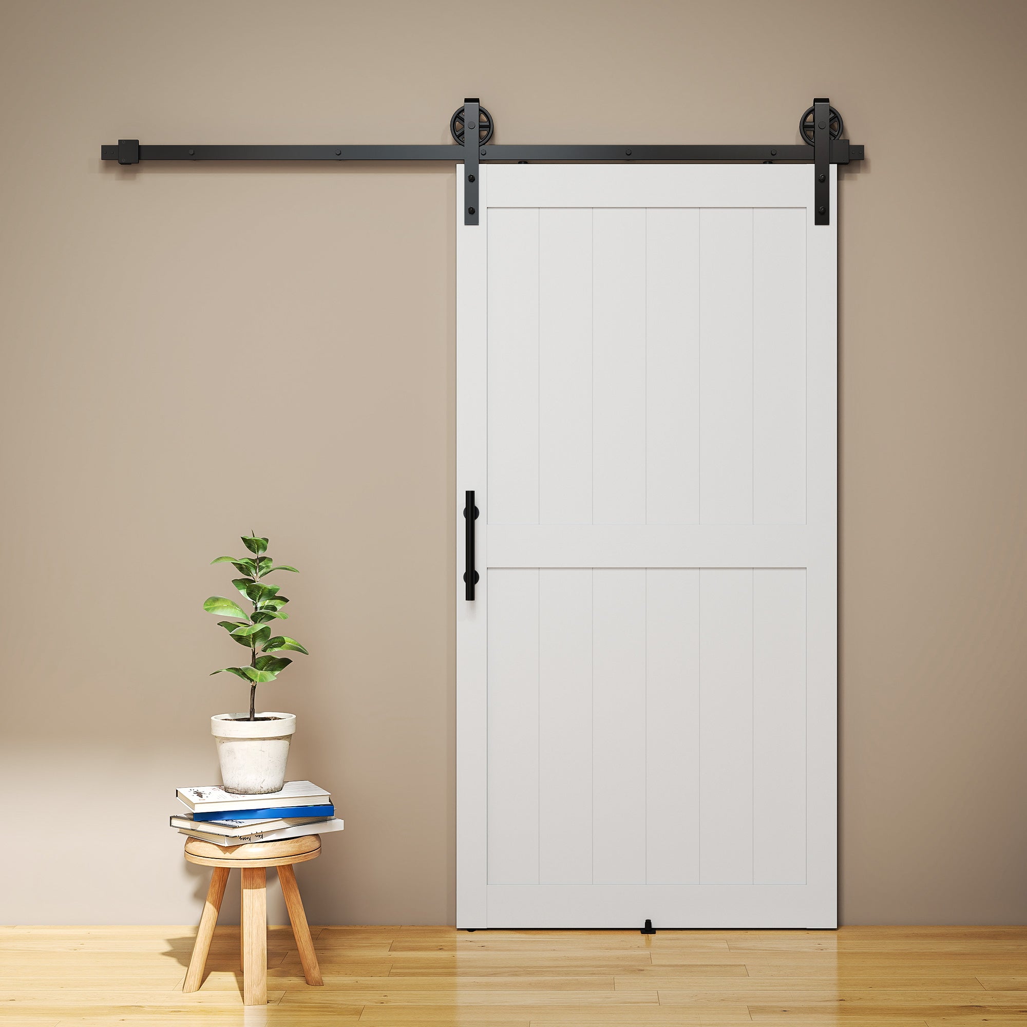 Country-Style Sliding Barn Door with Track & Hardware, MDF & Carbon Steel, 42 x 84 in, White/Black