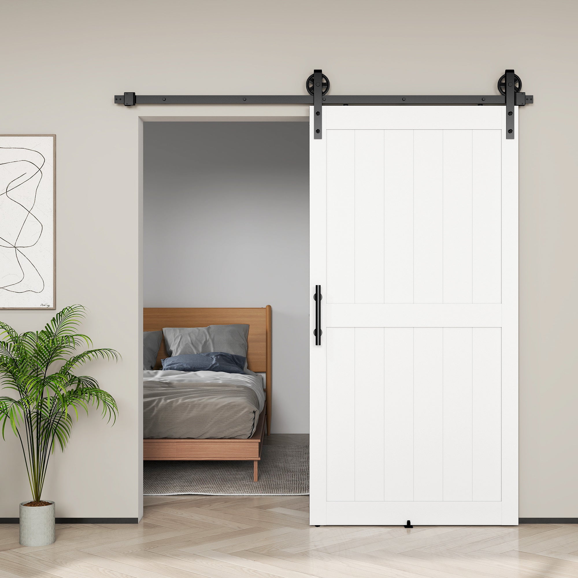 Country-Style Sliding Barn Door with Track & Hardware, MDF & Carbon Steel, 42 x 84 in, White/Black