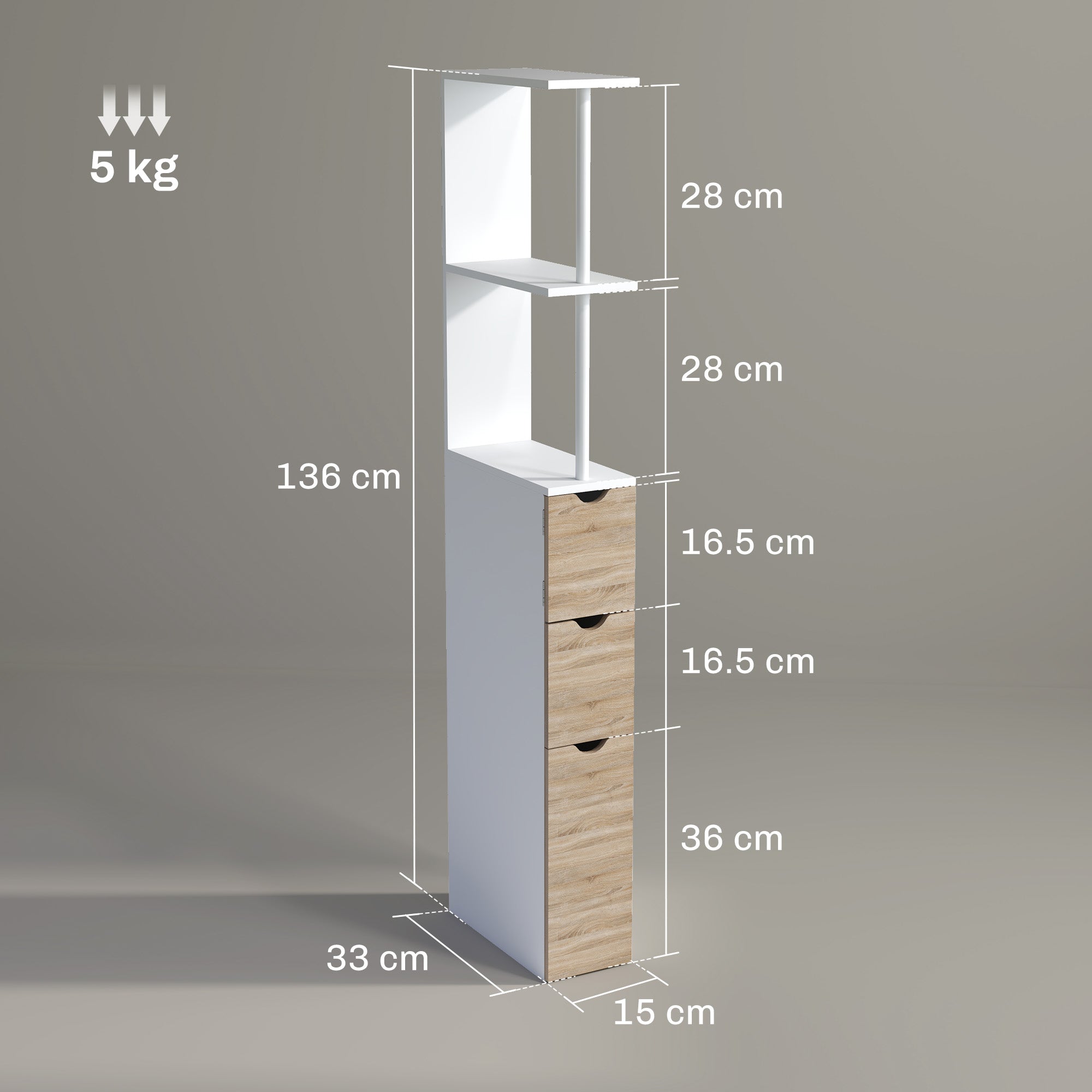 Bathroom Column, Space Saving Wooden Bathroom Cabinet, Cabinet with Cabinet, Shelves, and Drawers, 15x33x136 cm, Wood Color