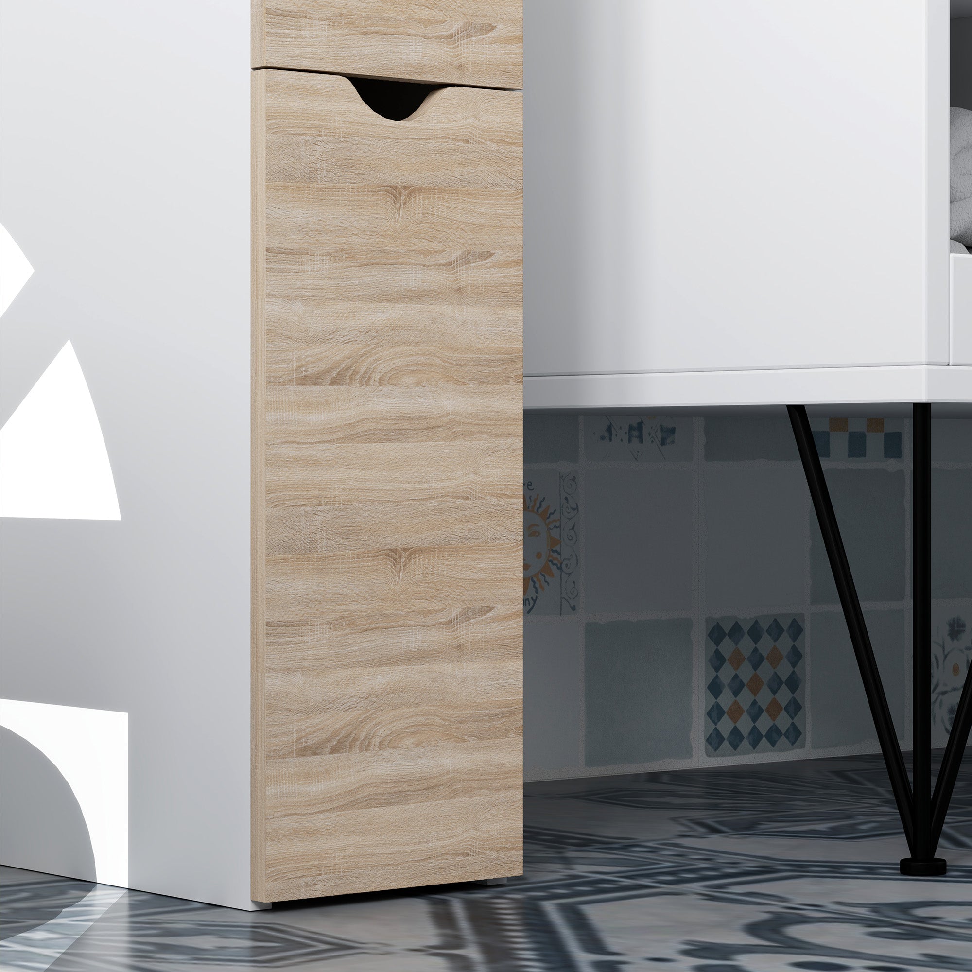 Bathroom Column, Space Saving Wooden Bathroom Cabinet, Cabinet with Cabinet, Shelves, and Drawers, 15x33x136 cm, Wood Color