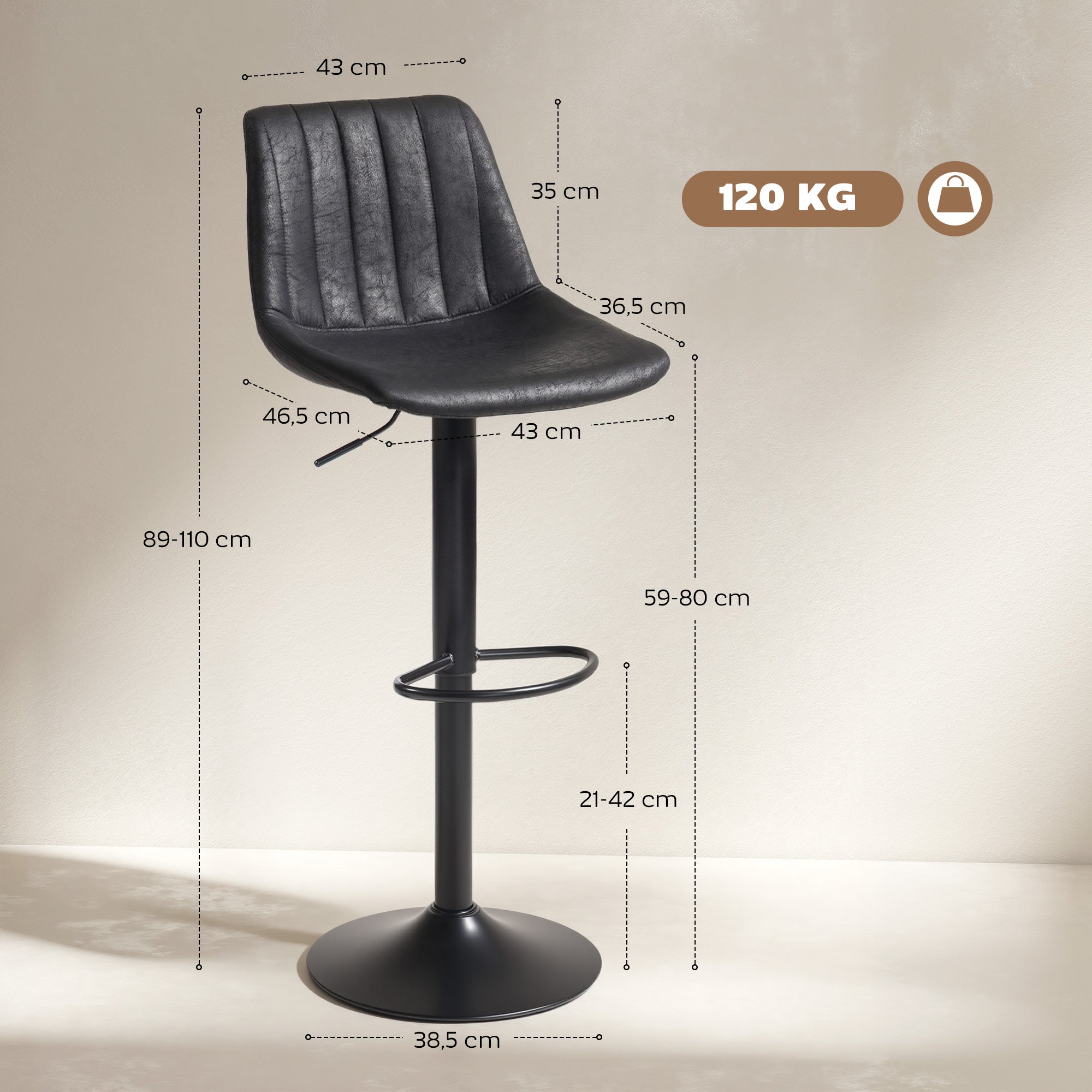 Bar Stools 2-Pack, Padded Metal Frame Bar Chairs with Backrest, Height-Adjustable Kitchen Stools with Footrest, 360° Swivel, Counter Stools for Kitchen, Living Room, Dining Room, Microfiber Black