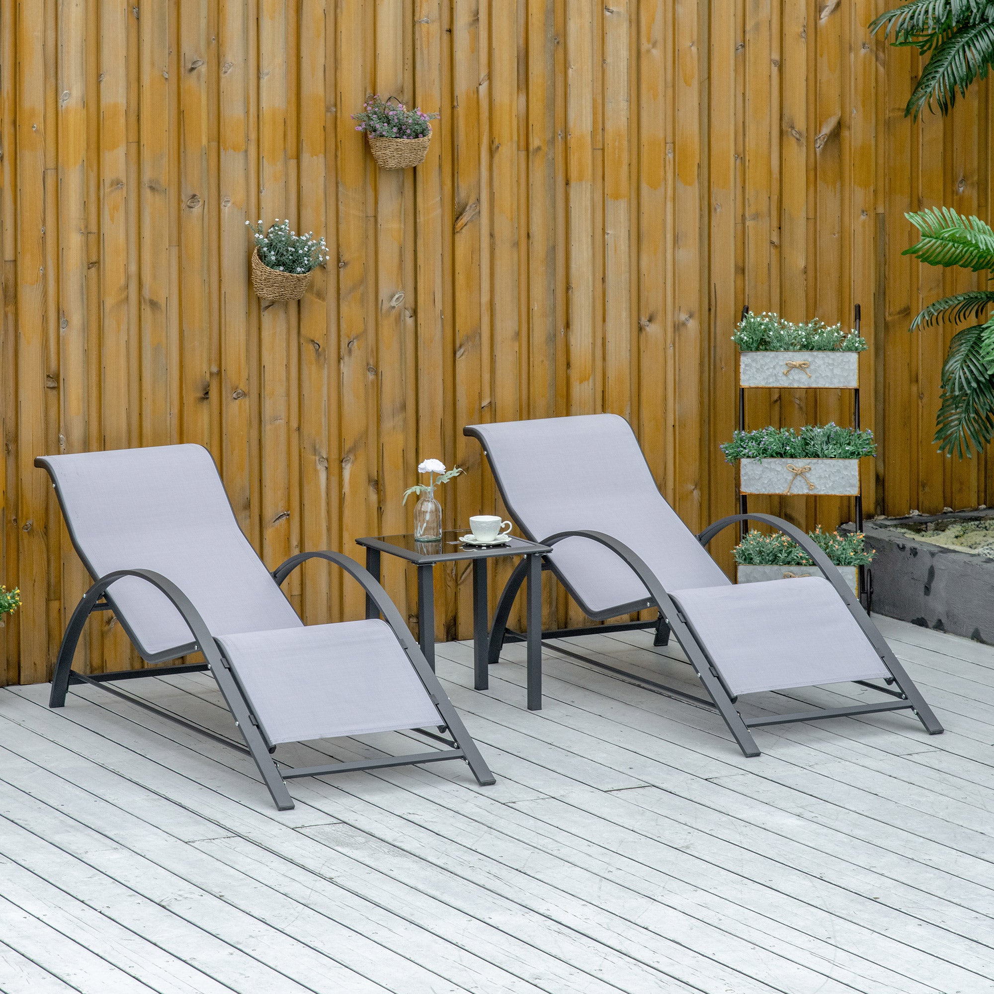 Set of 2 Garden Loungers with Tempered Glass Side Table Loungers with Backrest Armrests for Outdoor Patio Pool Terrace Gray
