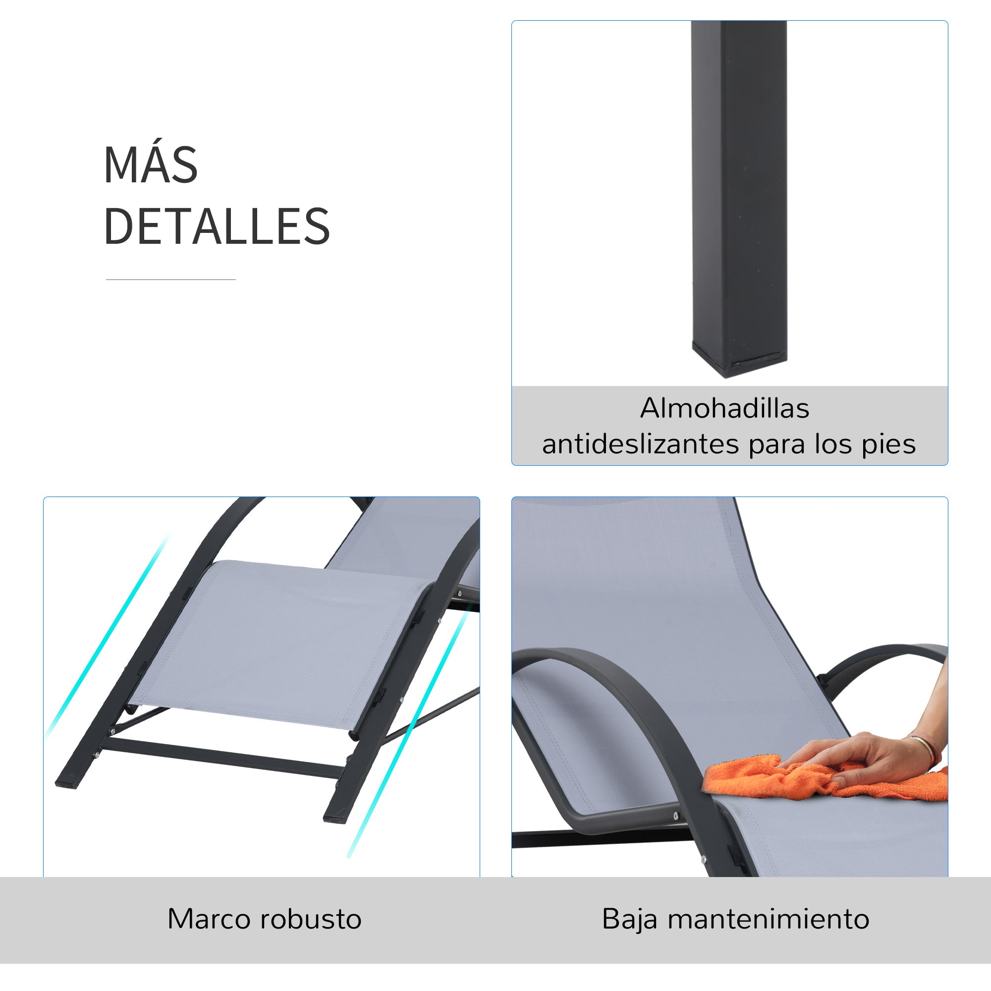 Set of 2 Garden Loungers with Tempered Glass Side Table Loungers with Backrest Armrests for Outdoor Patio Pool Terrace Gray
