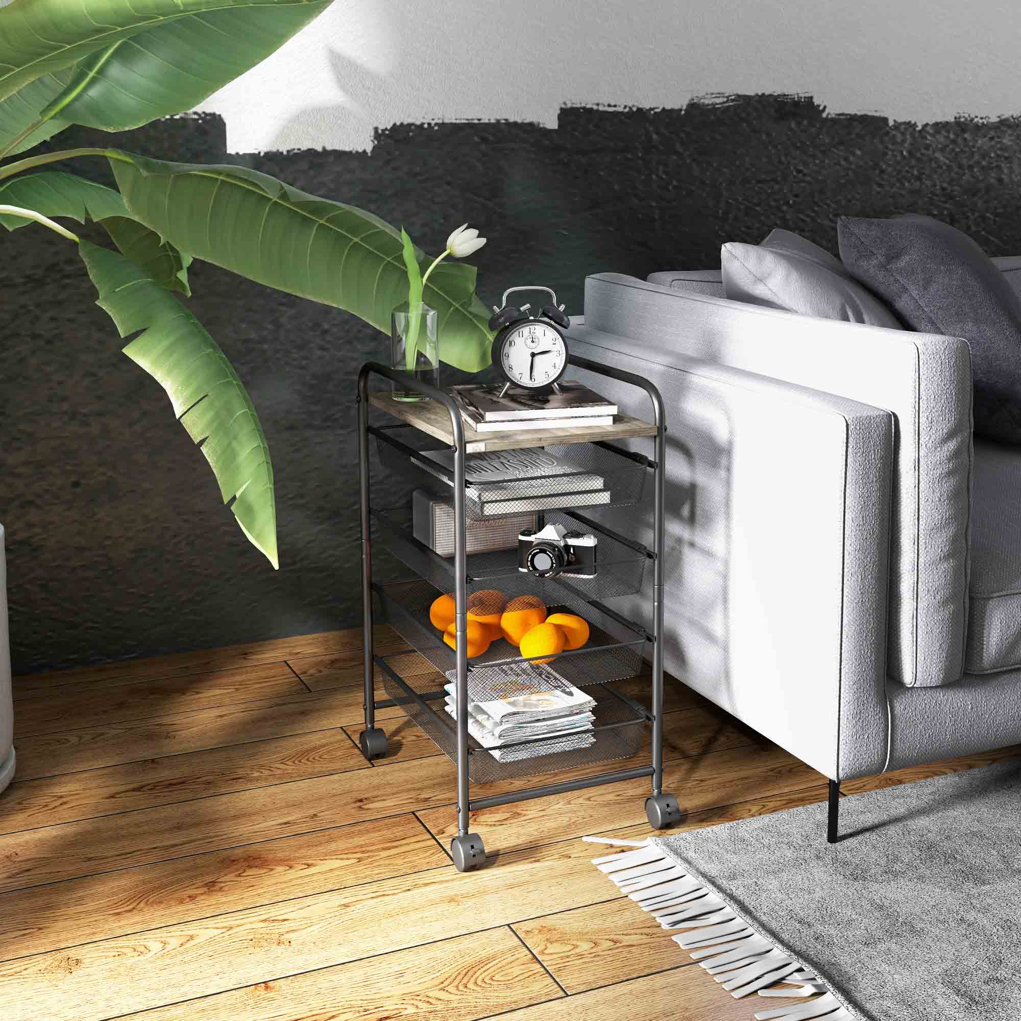 Cart, Kitchen Cart with 4 Baskets, Storage Rack with Wheels, Household Shelf, Serving Cart for Bedroom, Living Room, Steel, Black, 41.5 x 31 x 66 cm