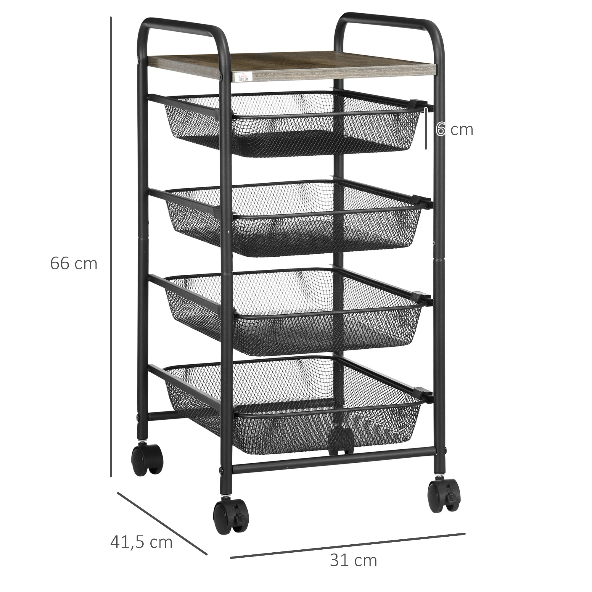 Cart, Kitchen Cart with 4 Baskets, Storage Rack with Wheels, Household Shelf, Serving Cart for Bedroom, Living Room, Steel, Black, 41.5 x 31 x 66 cm