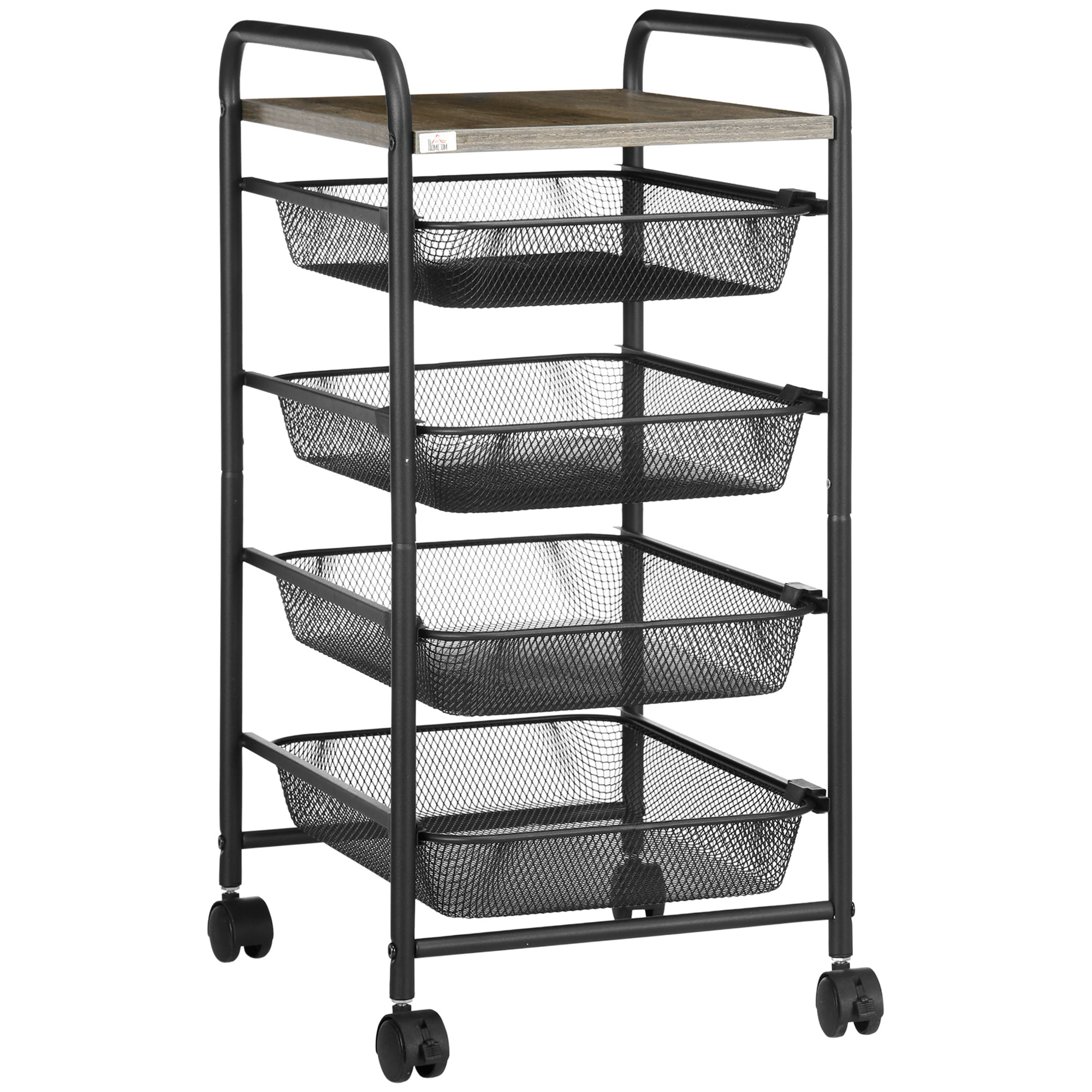 Cart, Kitchen Cart with 4 Baskets, Storage Rack with Wheels, Household Shelf, Serving Cart for Bedroom, Living Room, Steel, Black, 41.5 x 31 x 66 cm
