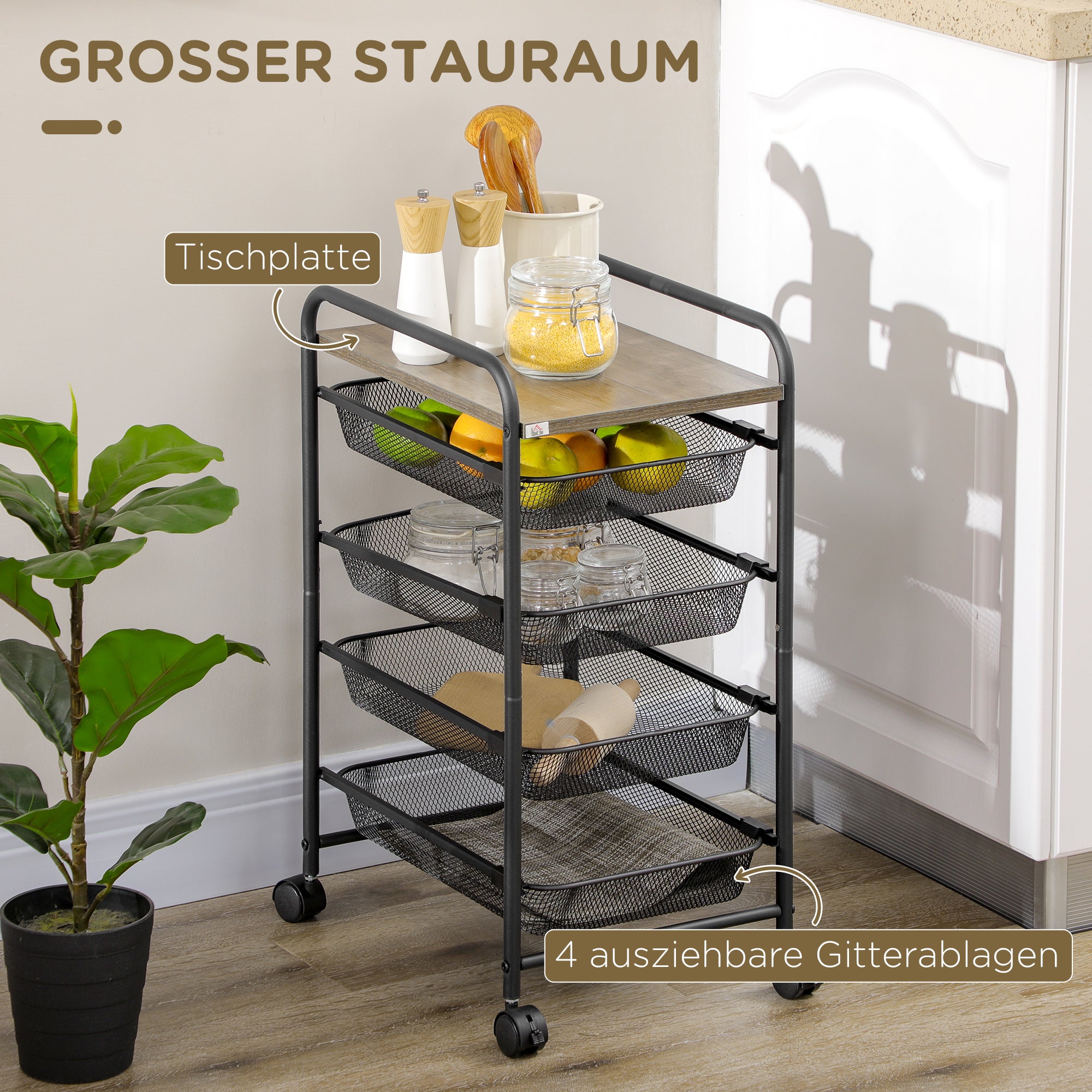 Cart, Kitchen Cart with 4 Baskets, Storage Rack with Wheels, Household Shelf, Serving Cart for Bedroom, Living Room, Steel, Black, 41.5 x 31 x 66 cm