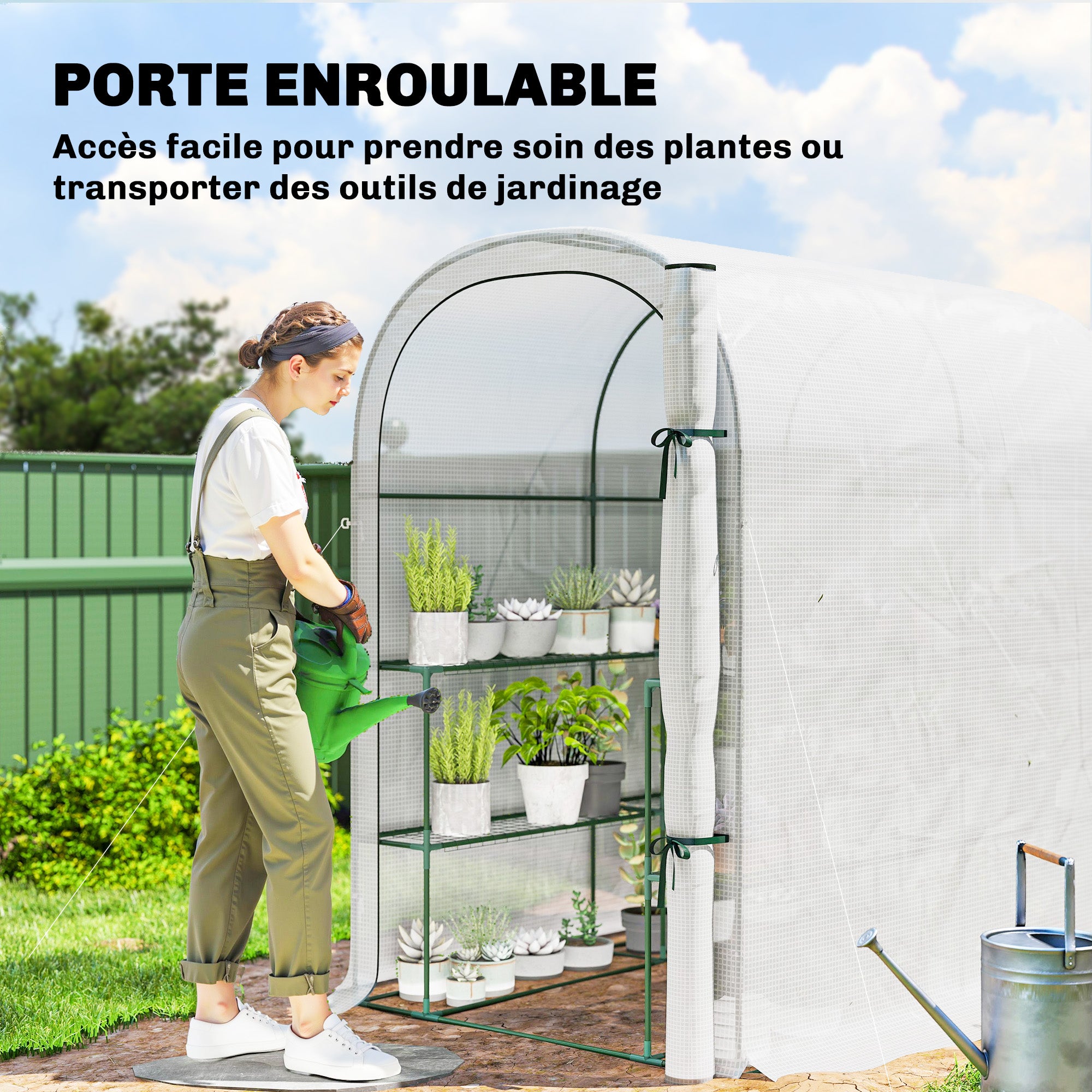 Garden Greenhouse with Shelves, 123 x 187 x 189 cm (48.4 x 73.6 x 74.4 in) – Roll-Up Door, 140 gsm High-Density PE Cover, Extended 10 cm, White