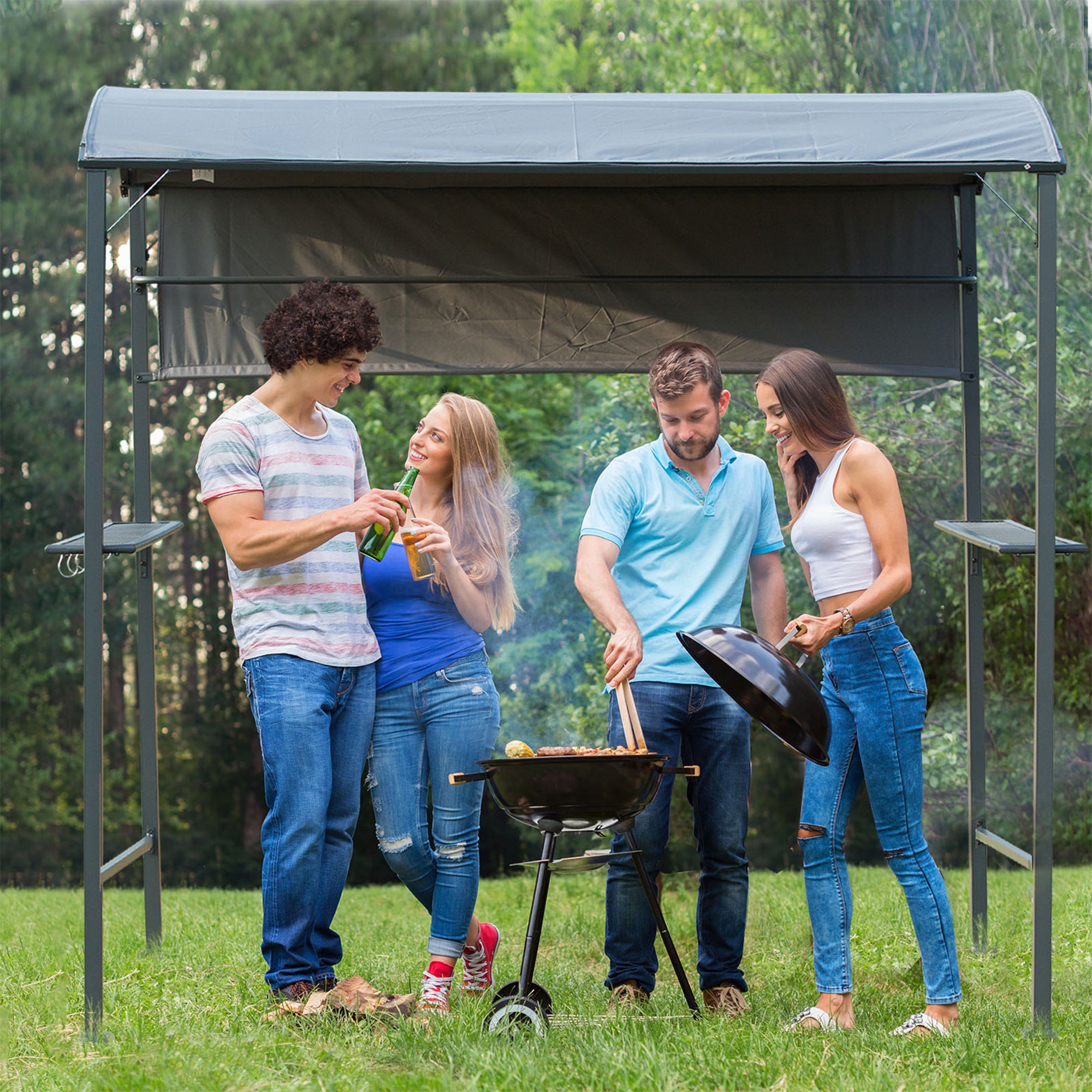 Grill Gazebo with Flame Retardant Roof, BBQ Gazebo with 2 Shelves, Polyester, Black, 218 x 138 x 216 cm