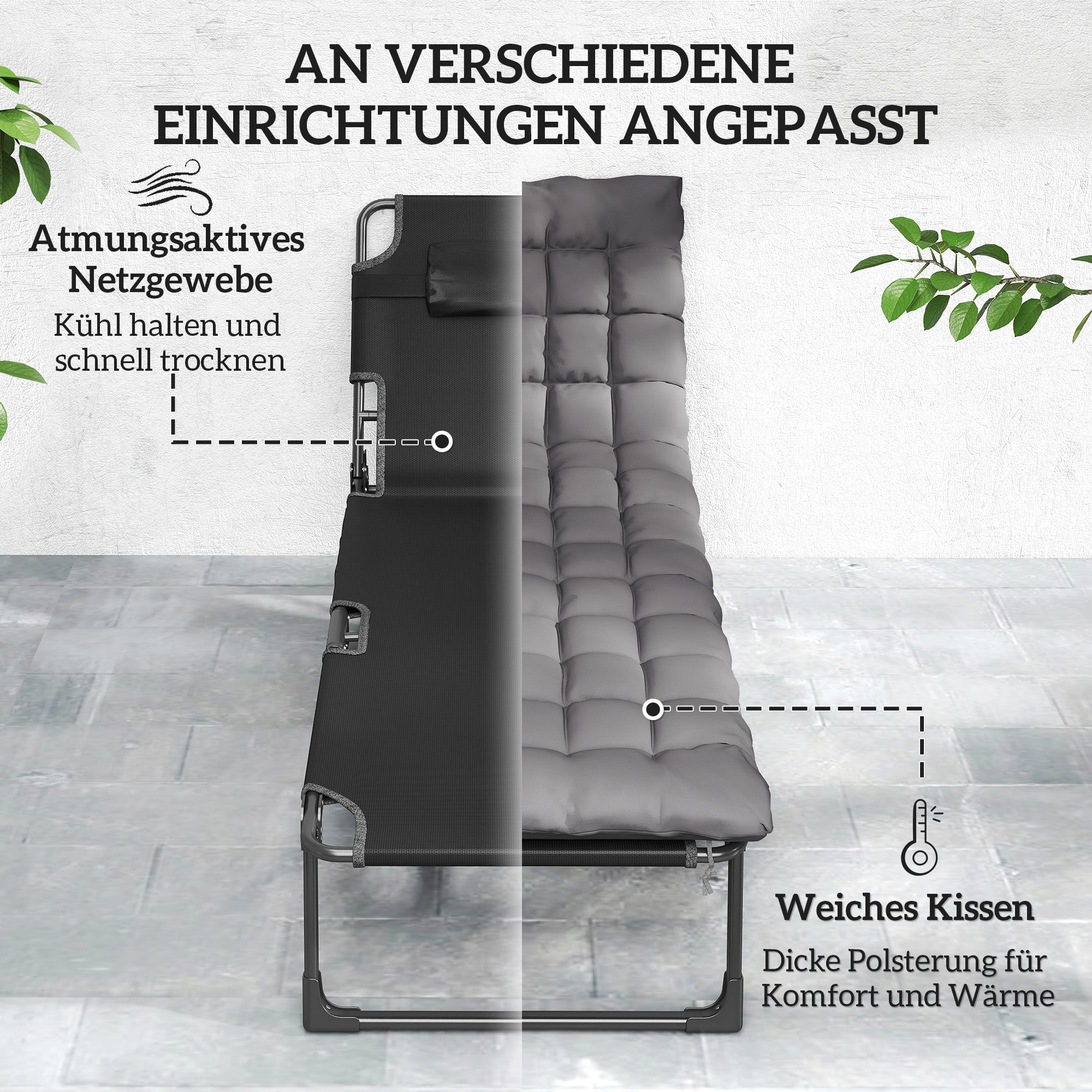 Folding Sun Lounger – 5-Position Recliner, Padded Mattress & Headrest, Extra-Wide Breathable Mesh (Dark Gray)