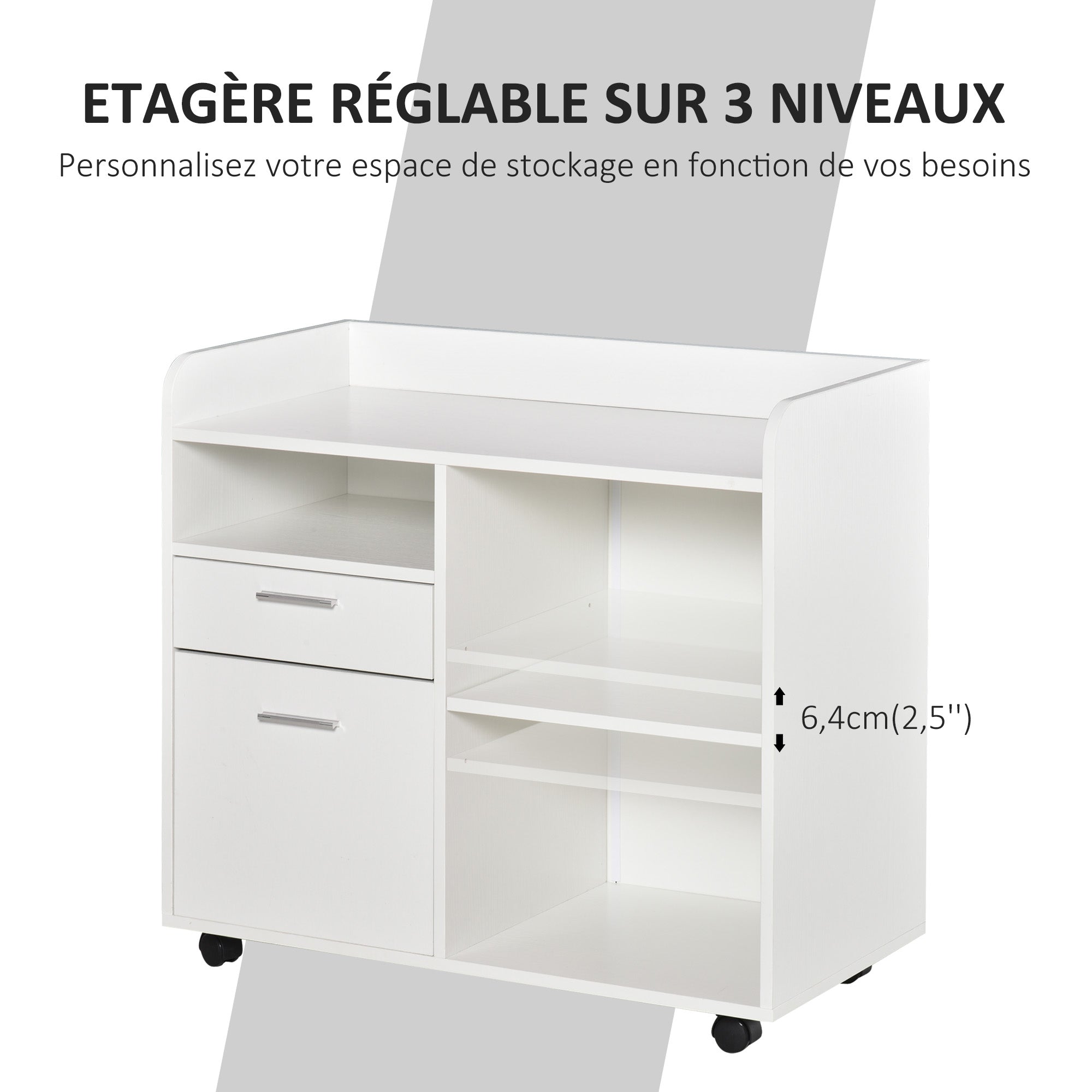 Printer Stand - Rolling Office Organization Unit - 80L x 40W x 72H cm White Wood