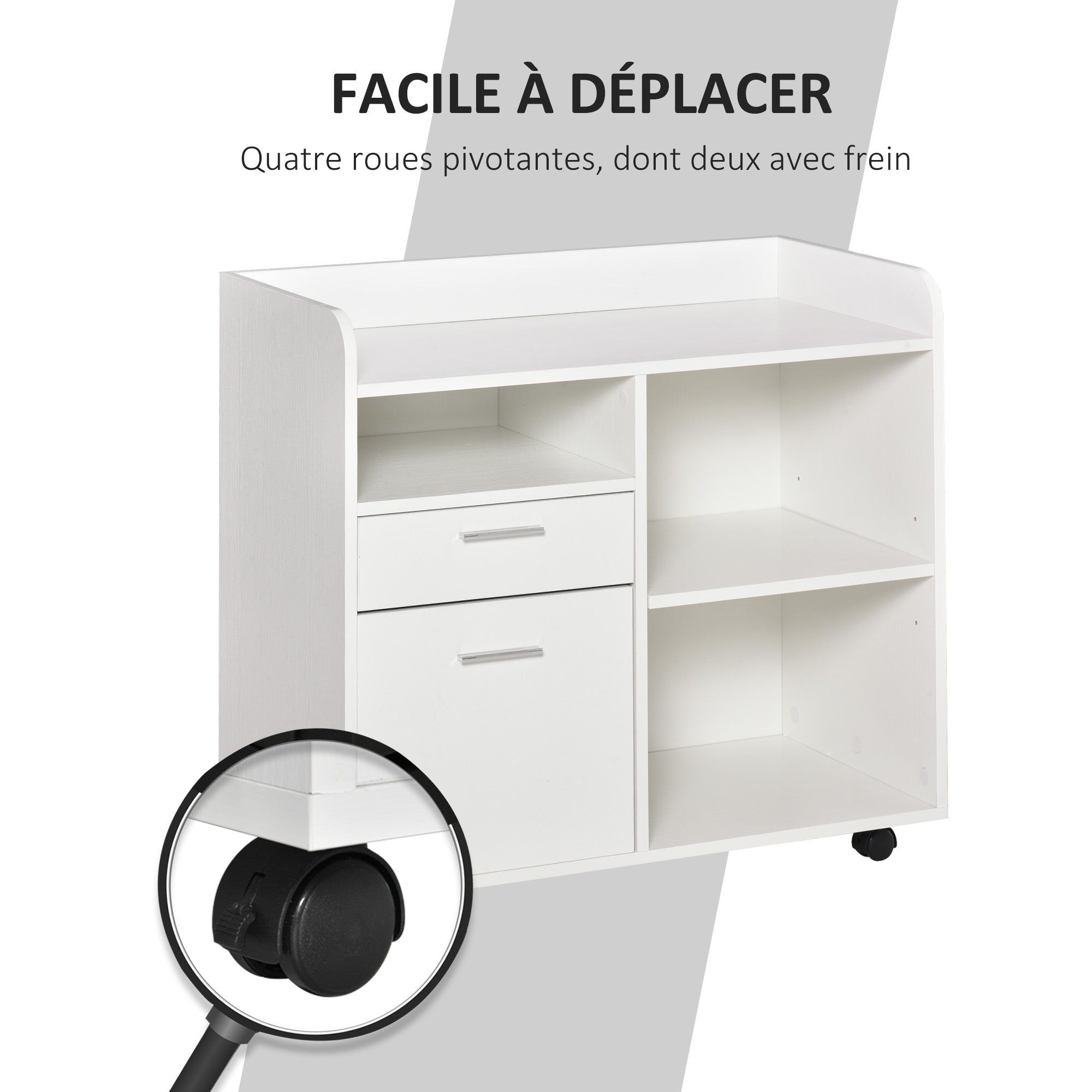 Printer Stand - Rolling Office Organization Unit - 80L x 40W x 72H cm White Wood