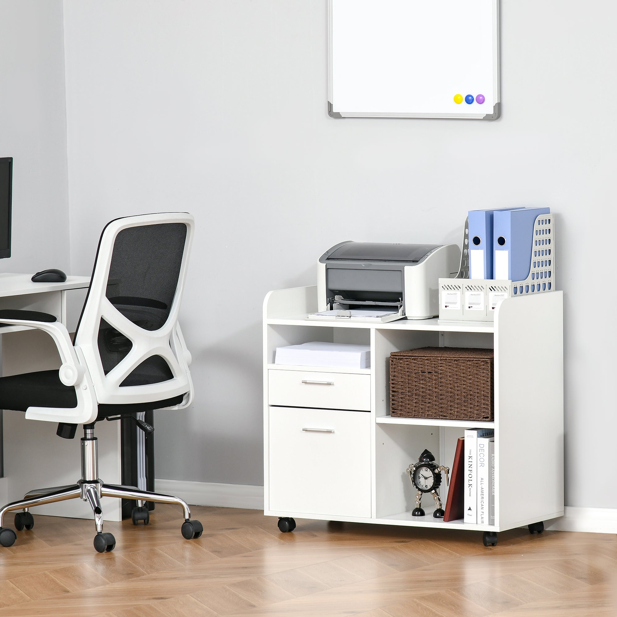 Printer Stand - Rolling Office Organization Unit - 80L x 40W x 72H cm White Wood