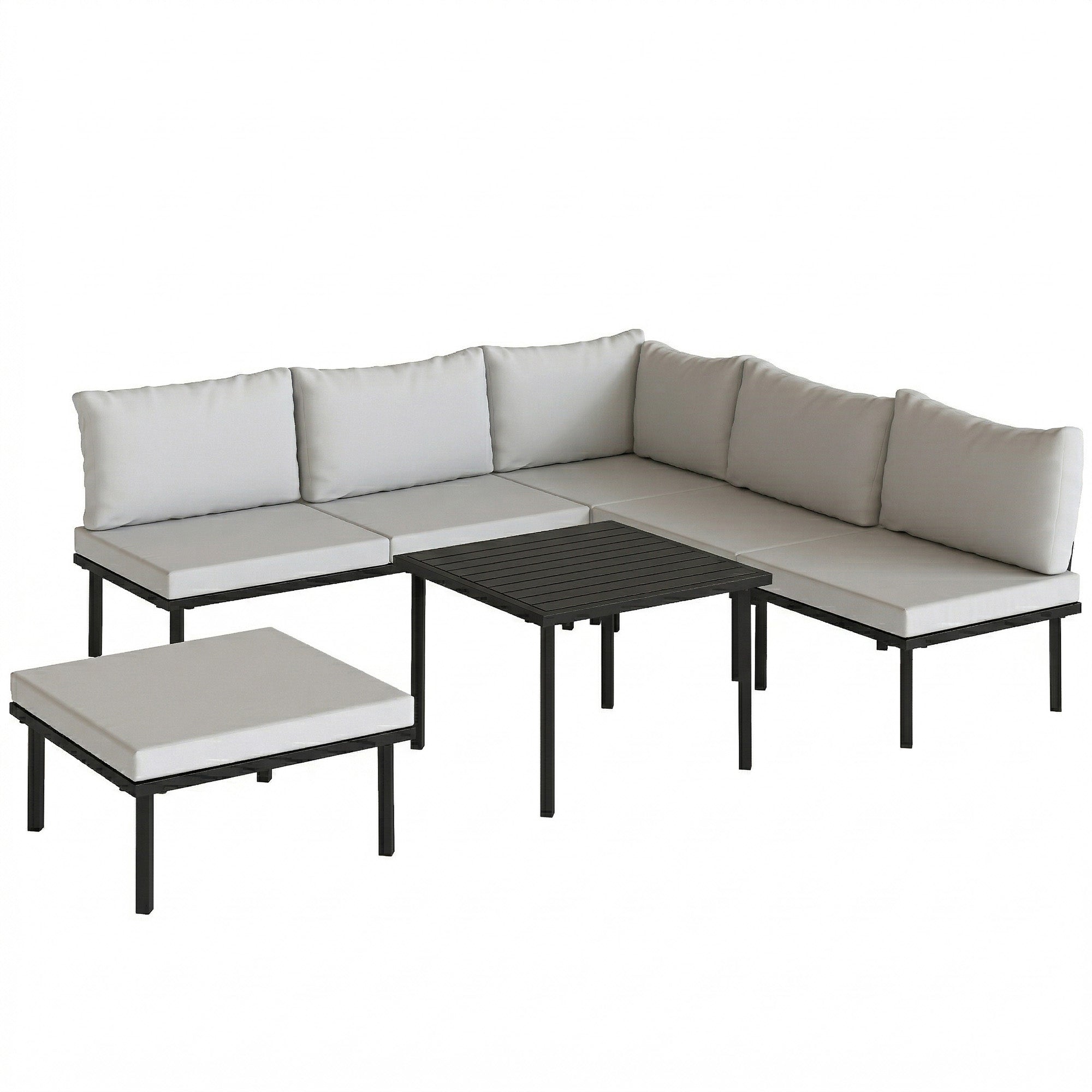 6-Piece Outdoor Lounge Set for 5–6 People — 2-Seat Sofa, Corner Chair, 2 Armless Chairs, Ottoman & Slatted Metal Coffee Table — Thick Cushions, Light Gray